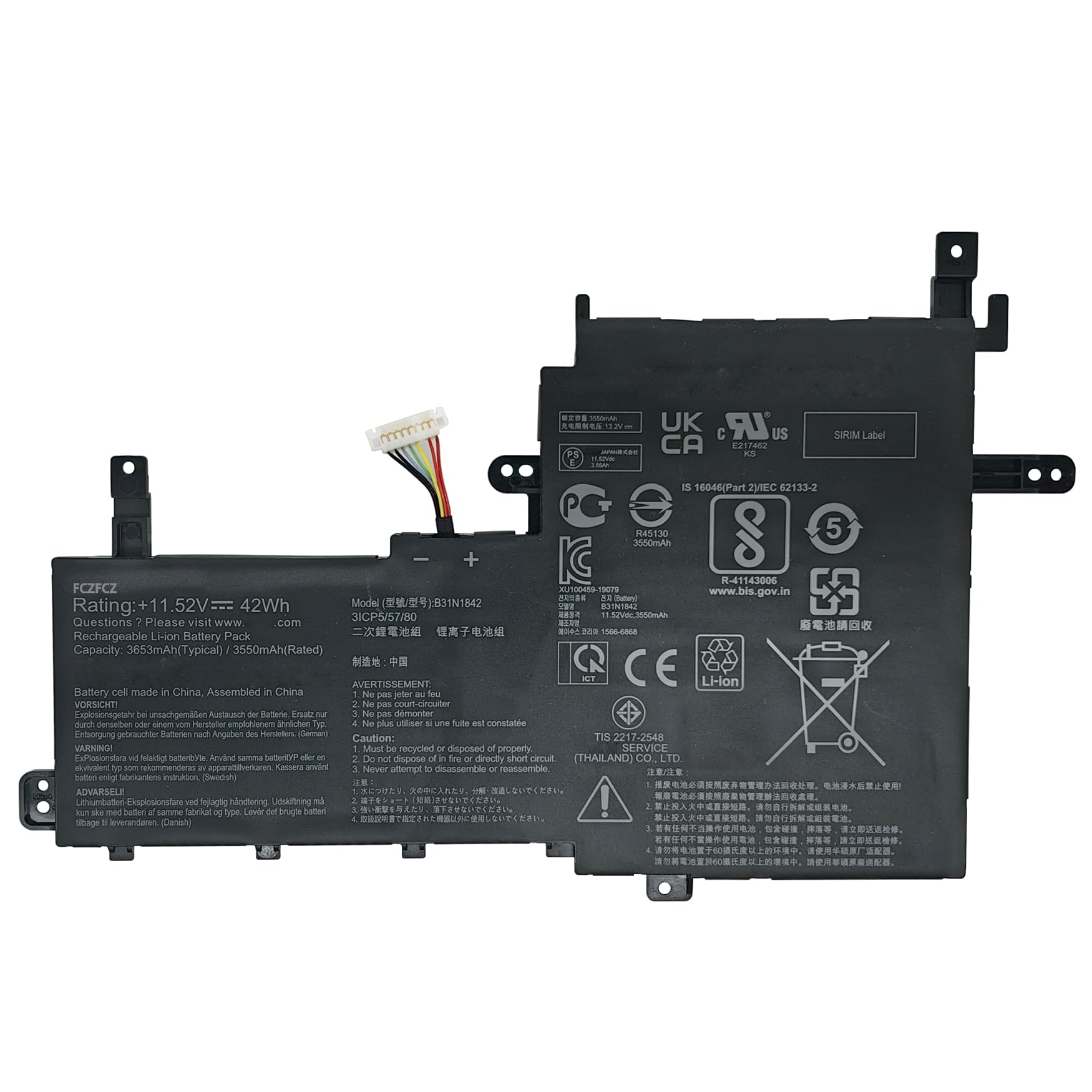 B31N1842 Battery 42Wh 3653mAh Replacement for ASUS VIVOBOOK S15 K531FA K531FL S5500FL V531FA V531FL X513IA X531FA X531FA-2E X531FA-2S X531FL Series 3ICP5/57/80 0B200-03440000 11.52V 3-Cell