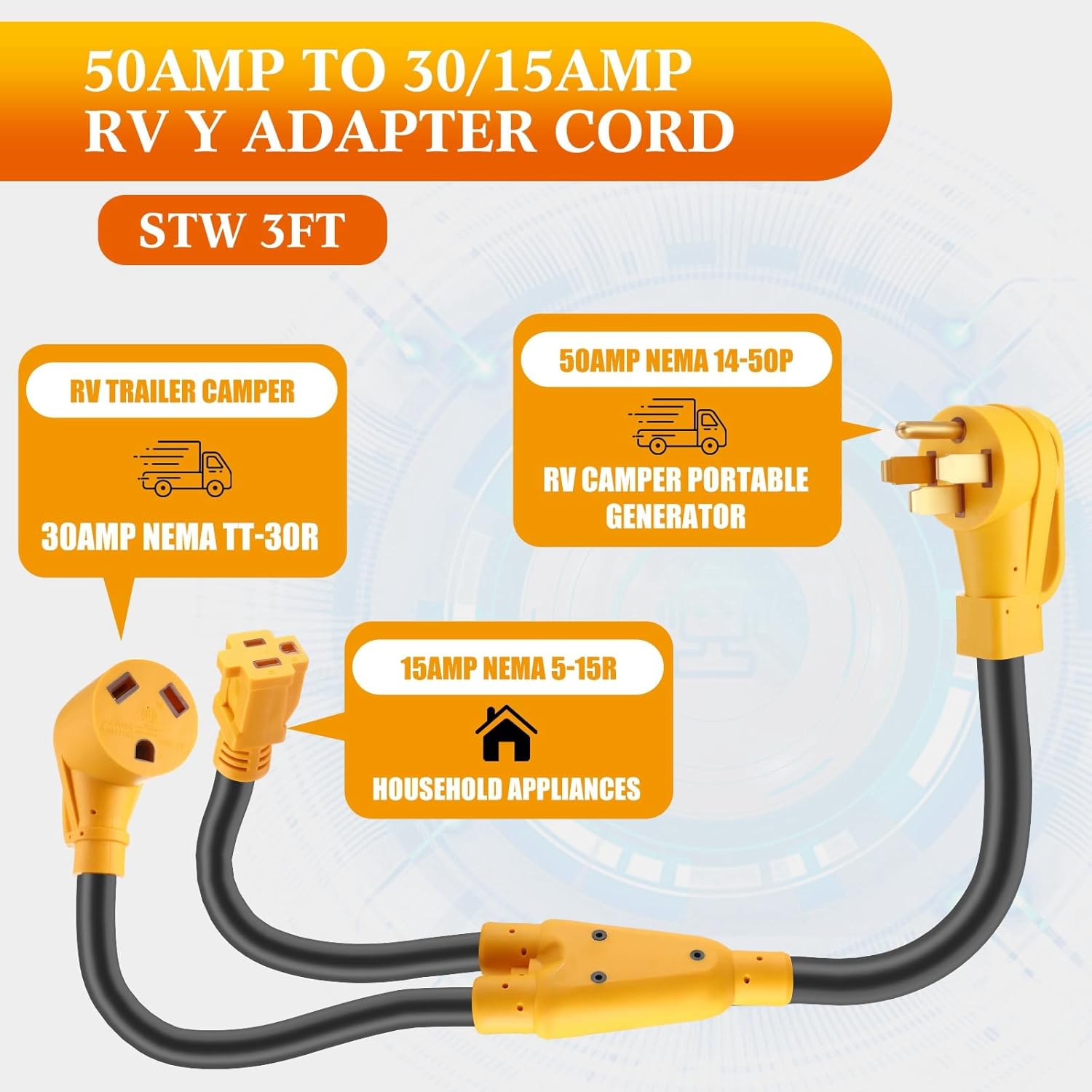 Kanayu RV Y Adapter Power Cord Compatible with NEMA 14-50P to TT-30R & 5-15R, 50 Amp to 30Amp & 15Amp RV Power Splitter Cord, STW 10 Gauge for Trailer Common Household Appliances, ETL Listed