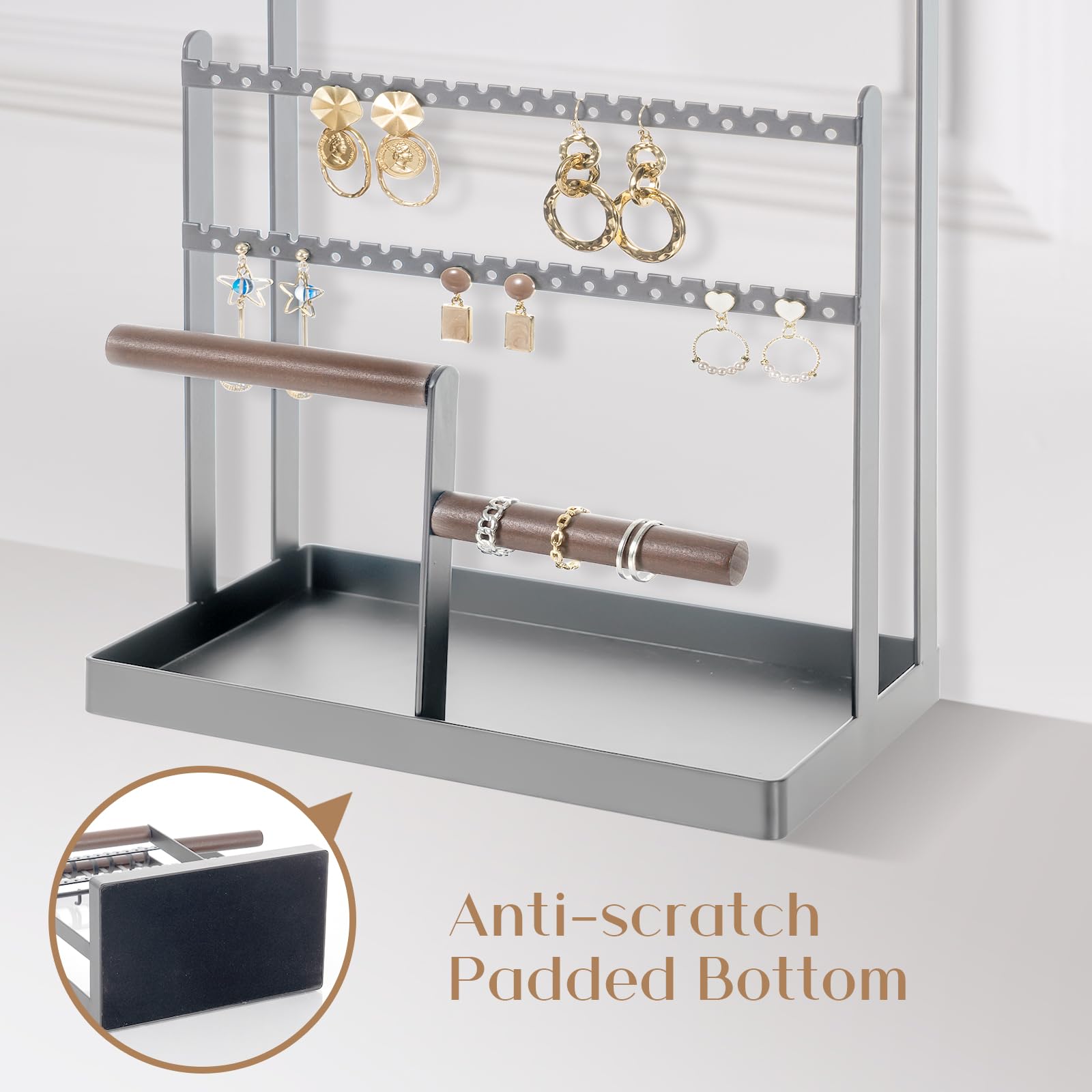 ProCase Organizer per gioielli, organizer per collane, orecchini, regali di San Valentino, 6 ripiani, supporto per collane, espositore per gioielli, albero per braccialetti e anelli, grigio