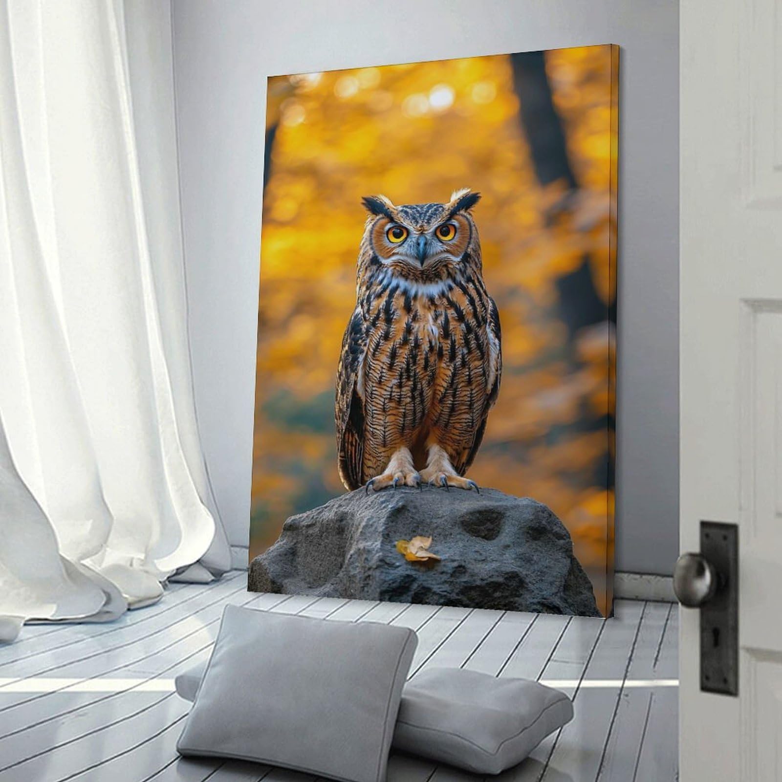 Junmoney Frame-Style-3 Owl Perched On Rock In Autumn Wall Decor Canvas Print, 20X30inch(50X75cm), For Flats, Guest Rooms Or Compact Rooms, A Simple Refresh For Blank Walls