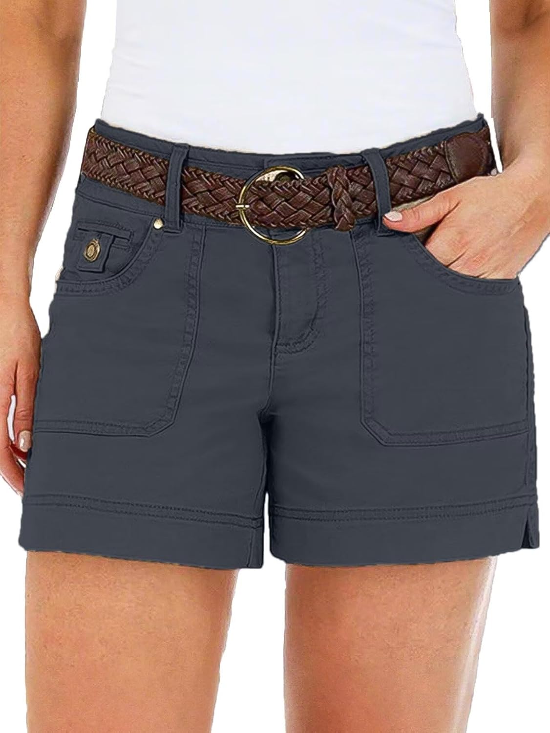 Flamingals Women's Mid Waist Solid Split Side Flap Pocket Casual Shorts