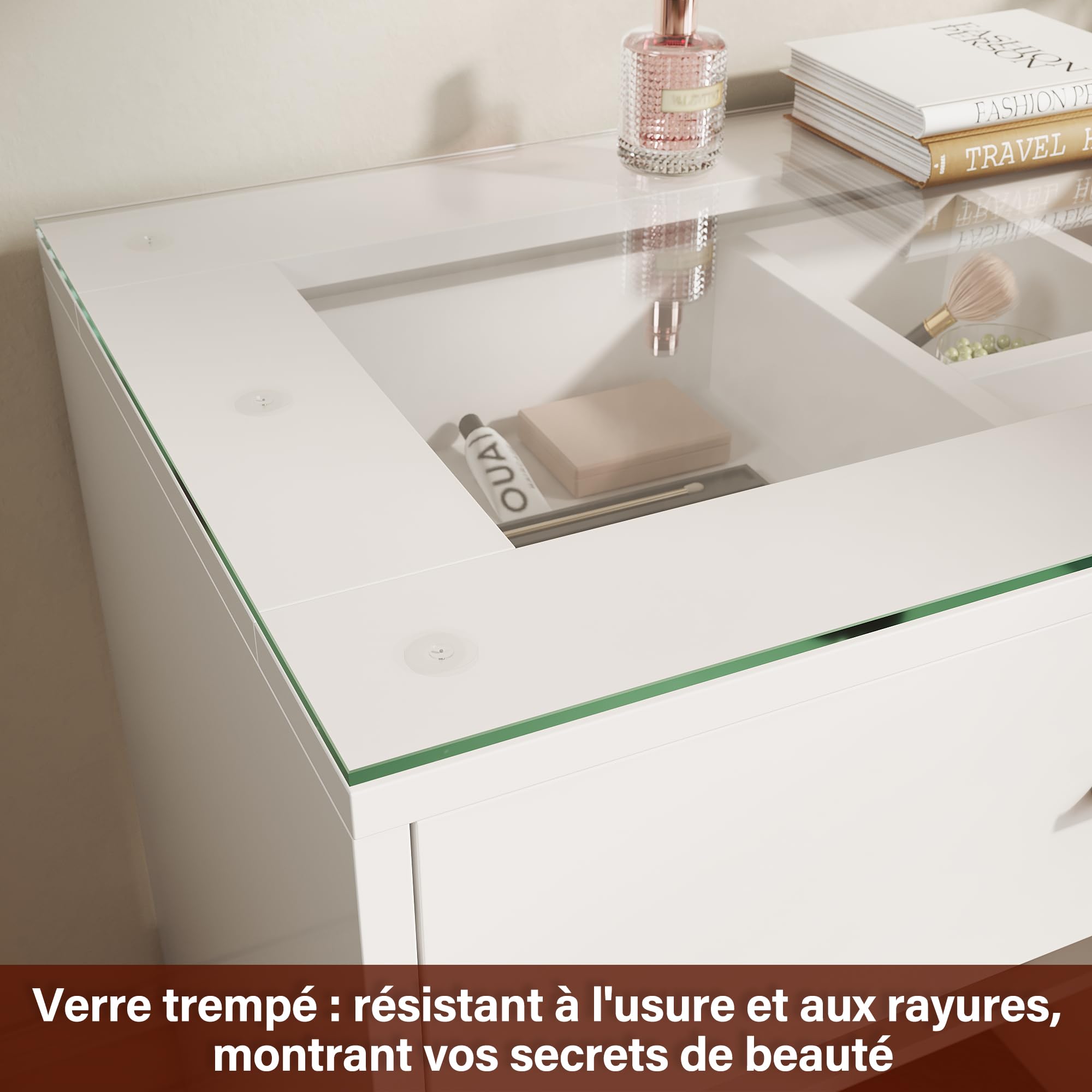 SIRHONA Coiffeuse Contemporaine en Bois Blanc, 90x40x77cm, avec Vitre en Verre Transparente, 2 Tiroirs et Étagère, Table de Maquillage sans Miroir