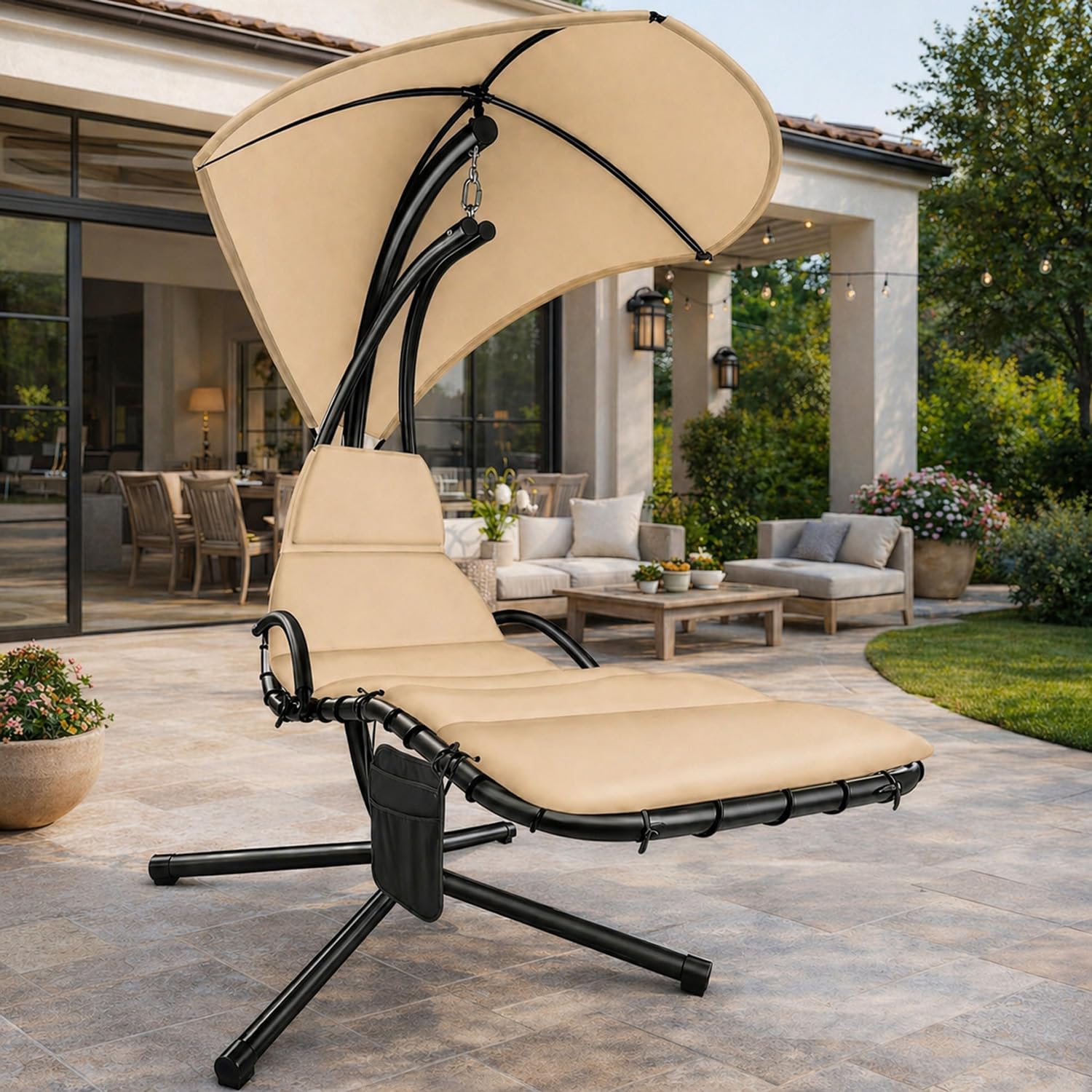 BRICOZONE Sdraio A Dondolo Con Ombrellone Parasole Integrato Cuscino Imbottito Amaca Da Giardino In Acciaio E Poliestere Per Esterno Terrazzo Bordo Piscina 195 x 132 x 197 Cm Beige