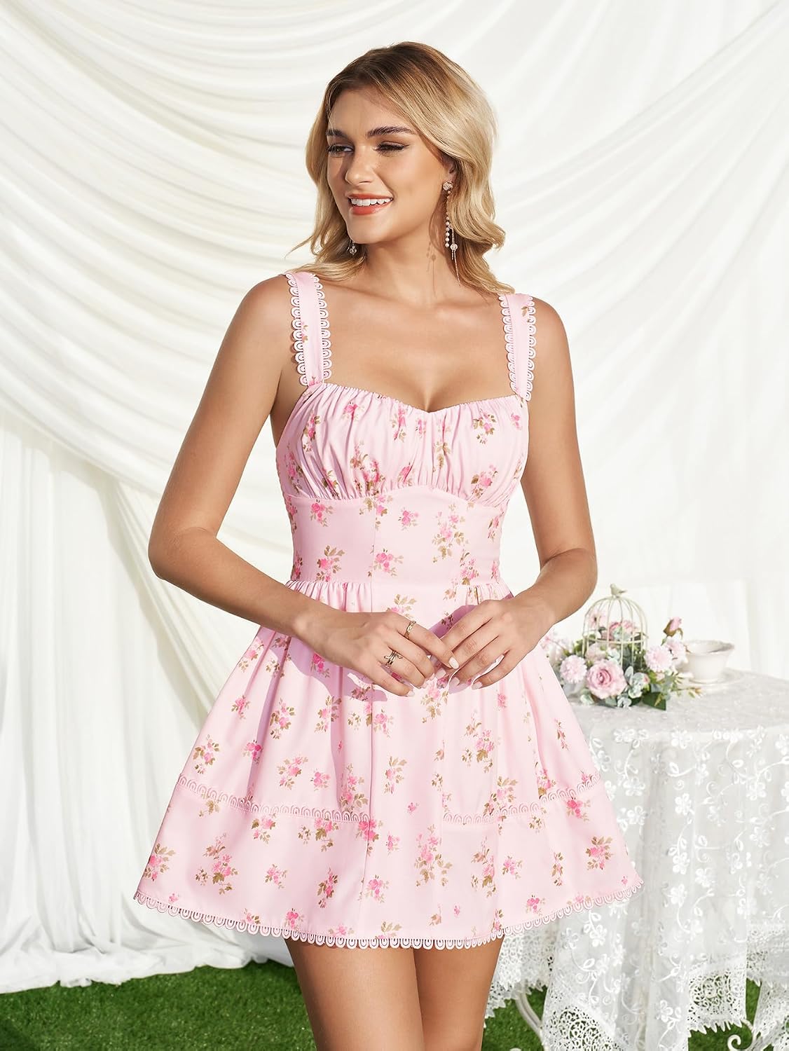 KUTUMAI Lace Corset Mini Dress Floral Flowy A Line Smocked Short Graduation Dresses for Women 2026 Summer