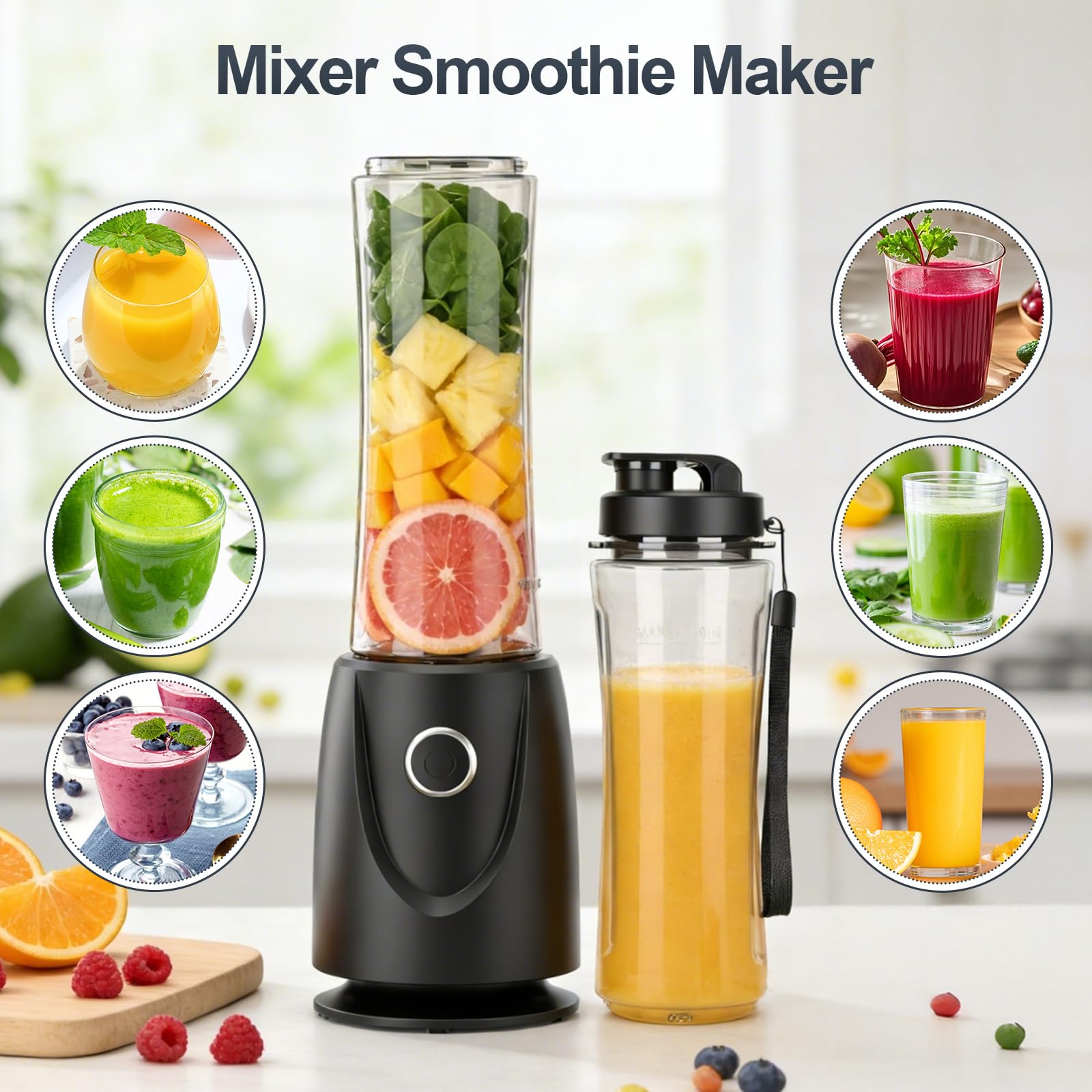 OMMO Batidora de Vaso, 500W Batidora Smoothies con 2 Botellas Tritan de 500 ml Libre de BPA, Mini Licuadora Portatil para Zumos, Batidos, Verduras, Frutas, Fácil de Limpiar, Negro