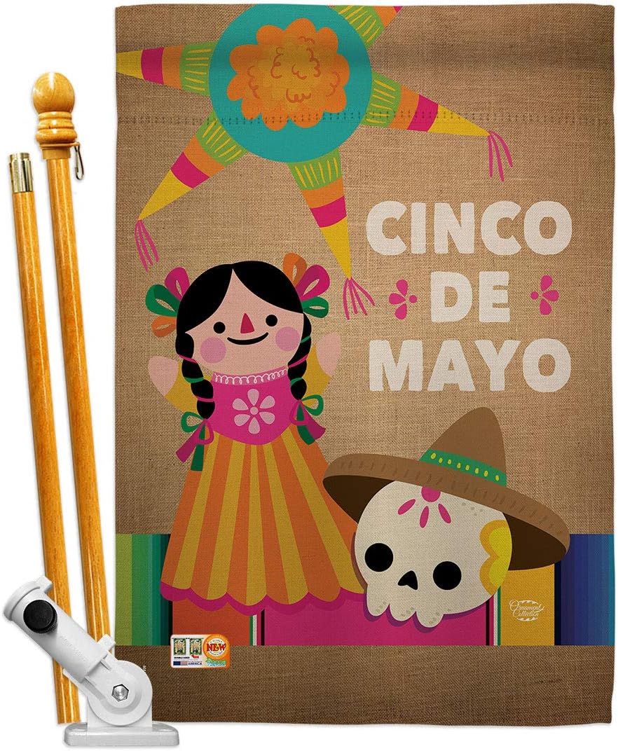 Cinco de Mayo Day House Flag Dowel Set Summertime Party Cactus Pinata Sombrero Mexican Fiesta Outdoor Small Decorative Gift Yard Banner Made In USA 28 X 40