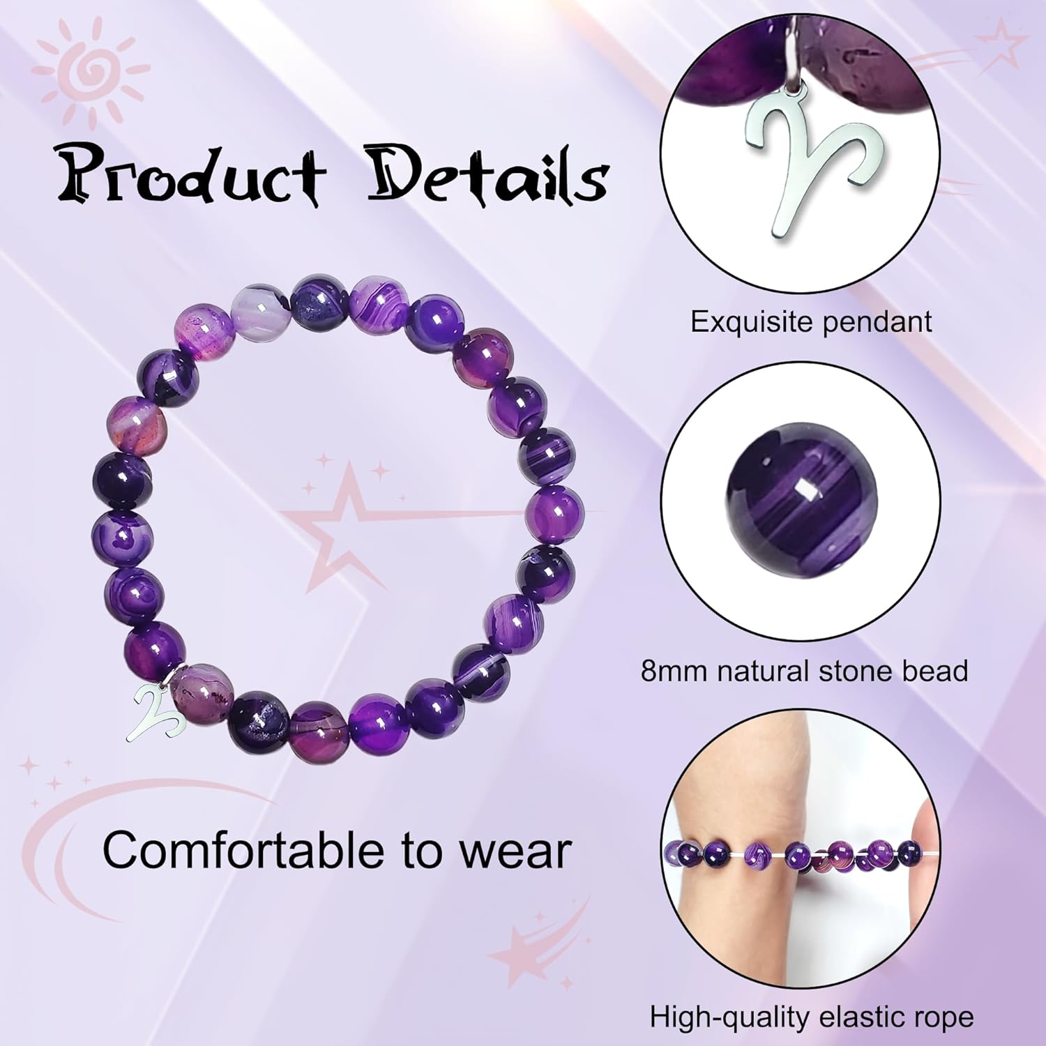 Aries Bracelets Birthday Gifts, Zodiac Astrology Bracelets Present for Women, Aries Constellation Crystal Bracelet, Purple Unique Jewelry with Wish Card for Sister Mom Friend - Image 3