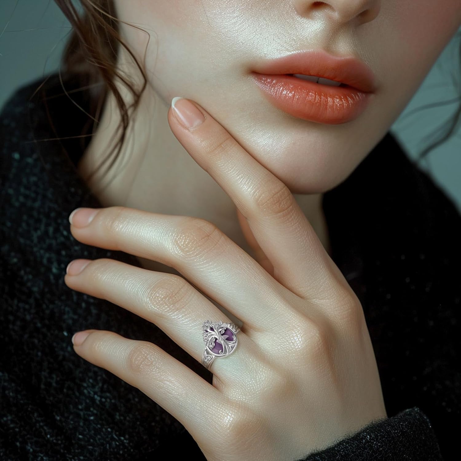 Vito 925 Sterling Silver Tree of Life Ring for Women Men, Adjustable Teardrop Moonstone Amethyst Obsidian Crystal Tree Open Band Rings Protection Amulet Jewelry Gift