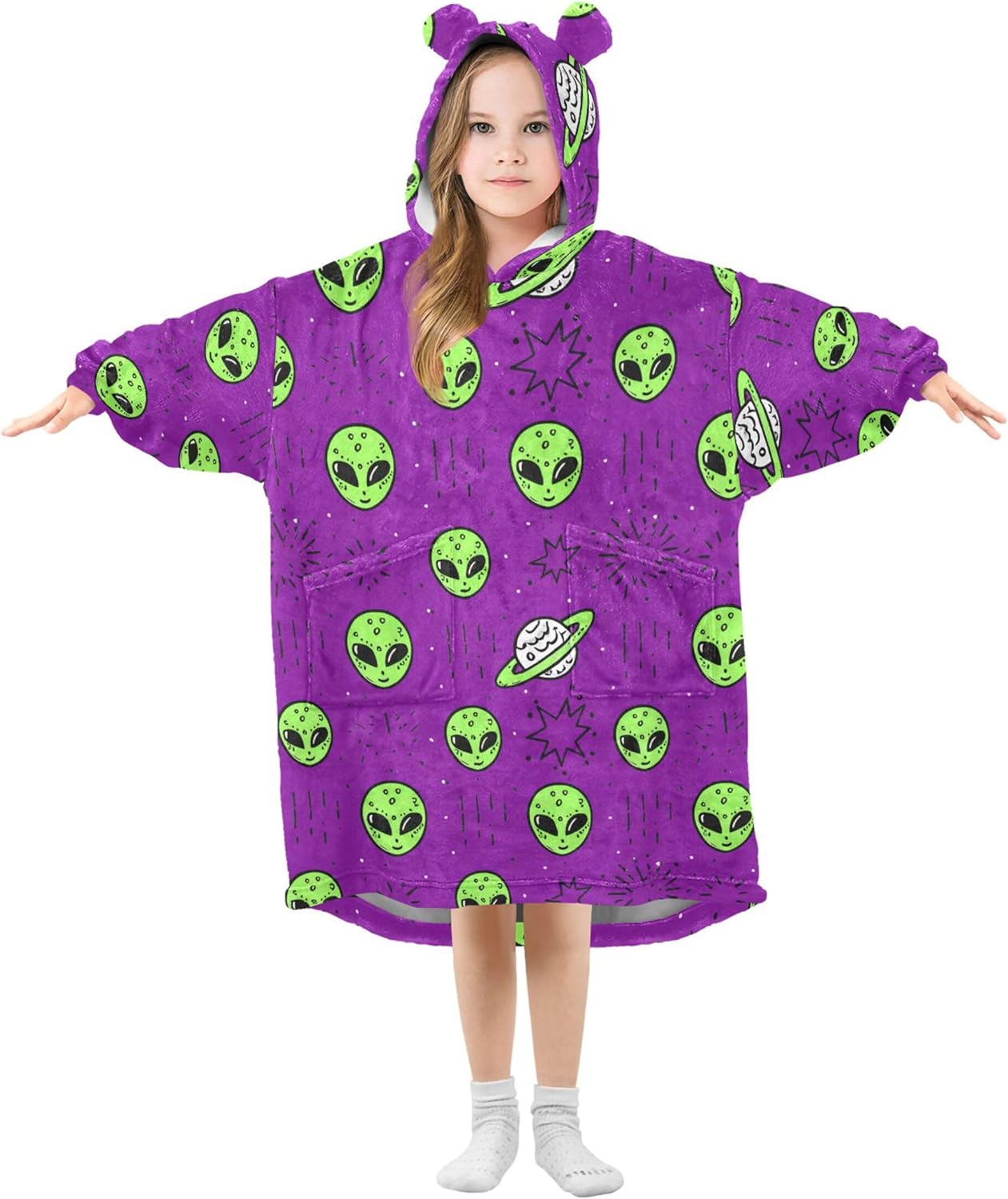 Cute Alien Ufo Kids Wearable Blanket Hoodie with Pocket and Sleeves for Toddlers, Cute Hoodies Girls Boys B0404006