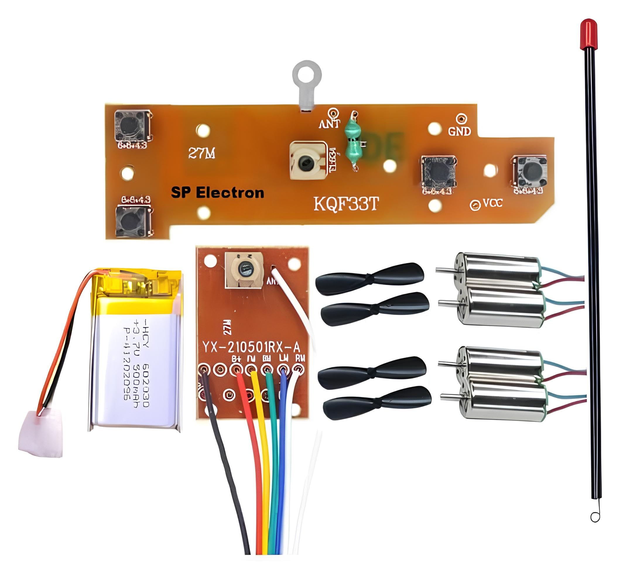SP Electron Combo Pair of 4 Pcs DC 3.7V 716 7x16mm Micro Coreless Motor with Propeller & 4CH RC remote control 27MHz circuit PCB transmitter & HCY-602030 R-41202096 LiPo Battery for RC Toys kit, Metal-picture-24