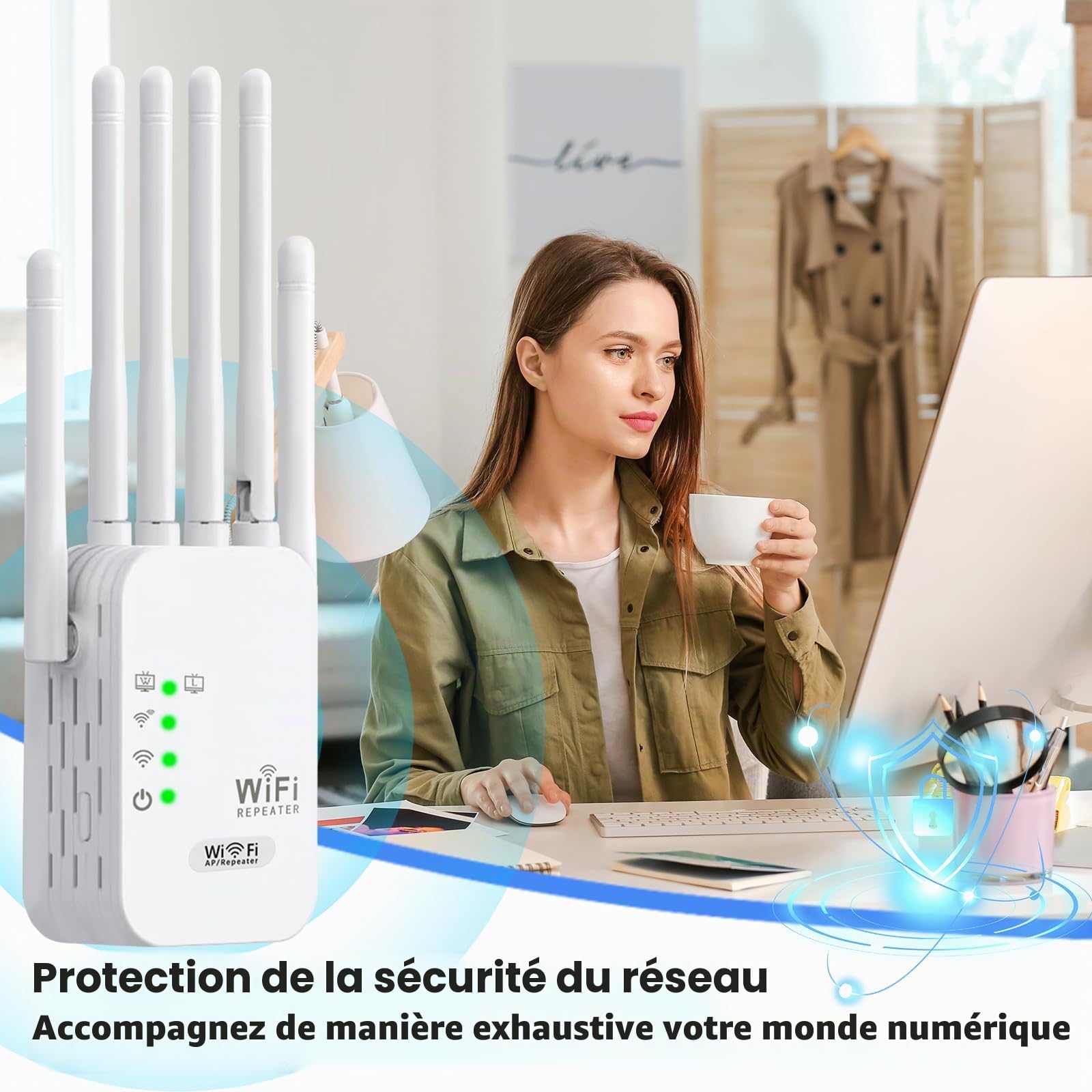 Répéteur WiFi ，Puissant,amplificateur WiFi de dernière Technologie avec6 antennes Couvrant Une superficie de1200m²,2 Ports LAN,répéteur WiFi pour la Maison et Le Bureau