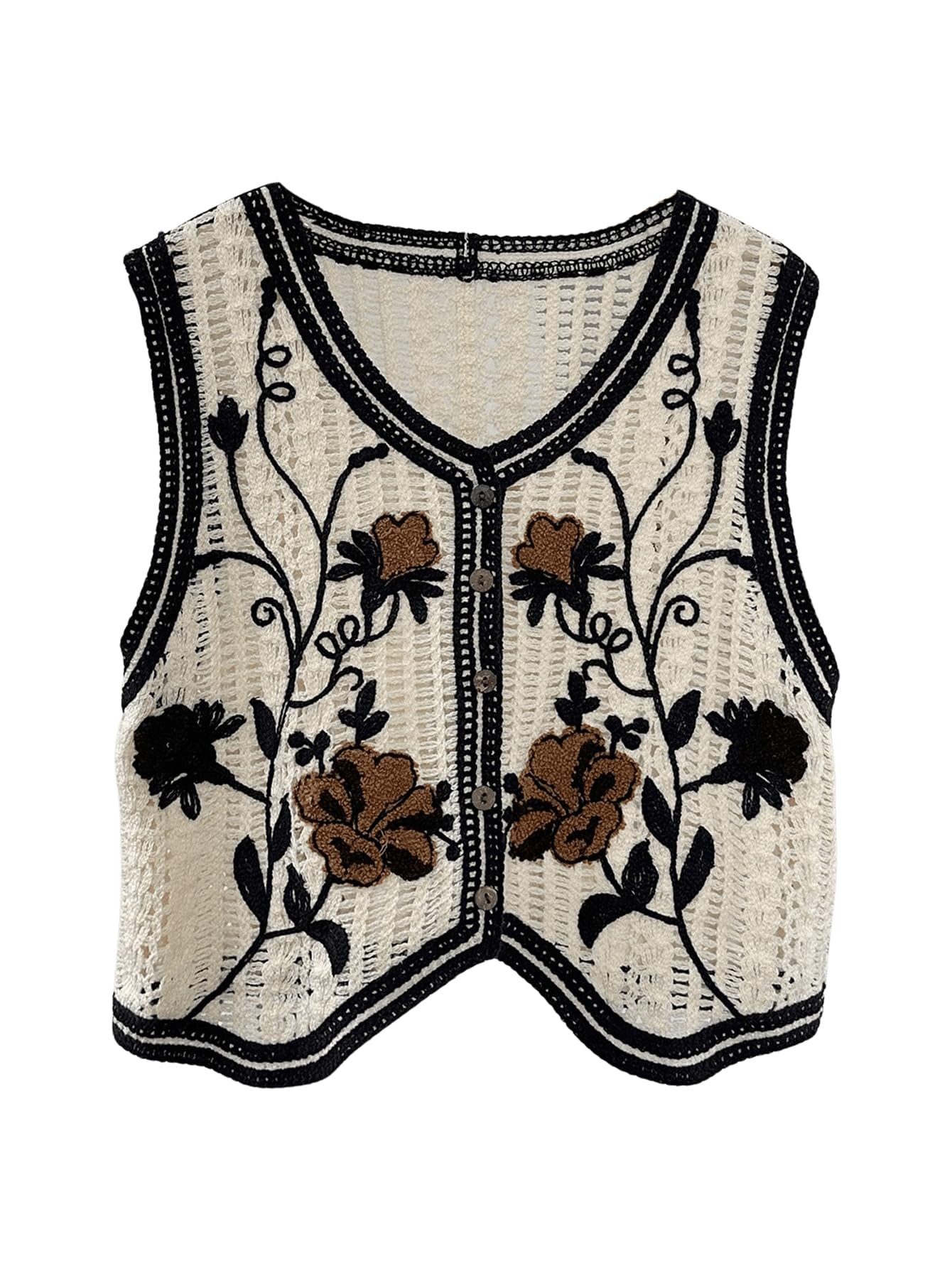 GORGLITTER Womens Embroidered Floral Crochet Vest Button Up Crop Summer Cowgirl Tops Country Concert Outfits 2025