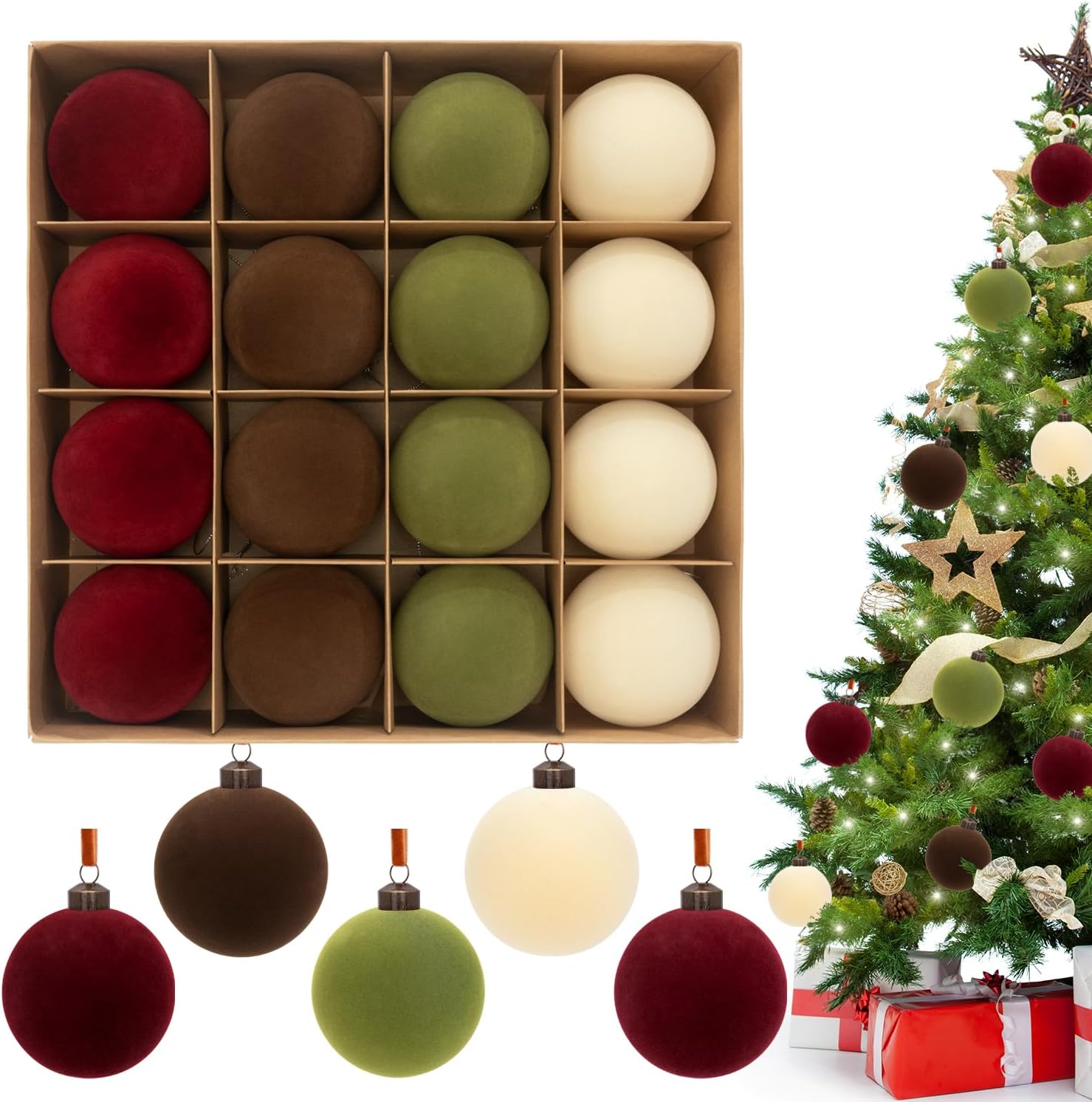3.15”/8 cm Velvet Red Brown Green and Cream Christmas Ball Ornaments Set,16 Pcs Luxury Flocked Ornament Bulk, Shatterproof Classic Xmas Tree Decorations for Party, Wreath, Winter Holiday 3.15”/8 cm Velvet Red Brown Green and Cream Christmas Ball Ornaments Set,16 Pcs Luxury Flocked Ornament Bulk, Shatterproof Classic Xmas Tree Decorations for Party, Wreath, Winter Holiday