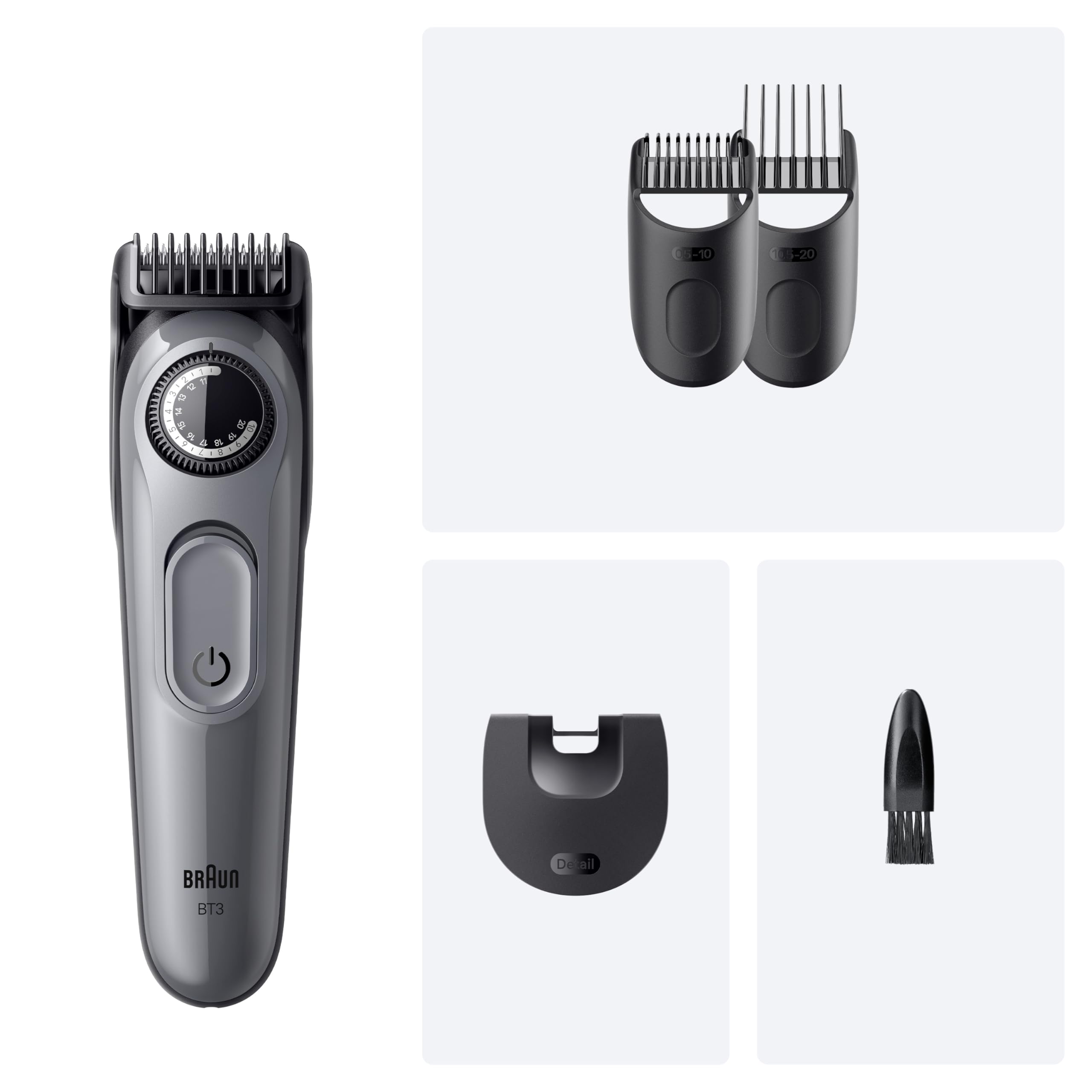 Braun Barttrimmer Series 3, Elektrischer Bartschneider Herren, 4 Zubehörteile, Ultrascharfe Klinge, 50 Min Akkulaufzeit, Kabelloser Bartrasierer, 40 Längen, BT3525, Grau