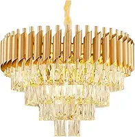 Lustre de Cristal Redondo 40cm de Luxo – Pendente em Cristal Transparente para Sala de Estar, Sala de Jantar, Quarto - Com Corrente Ajustável - Instalação Fácil 110/220 - Dourado Redondo