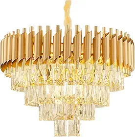 Lustre de Cristal Redondo 40cm de Luxo – Pendente em Cristal Transparente para Sala de Estar, Sala de Jantar, Quarto - Com Corrente Ajustável - Instalação Fácil 110/220 - Dourado Redondo