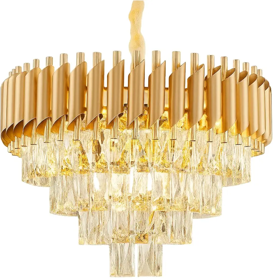 Lustre de Cristal Redondo 40cm de Luxo – Pendente em Cristal Transparente para Sala de Estar, Sala de Jantar, Quarto - Com Corrente Ajustável - Instalação Fácil 110/220 - Dourado Redondo
