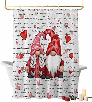 Vandarllin Valentines Day Shower Curtain Gnome Couple Shower Curtains Set with Hooks, Red Love Heart Letter Waterproof Fabric Bathroom Curtains Valentines Decor Home Accessories,60 X 72 Inch Long