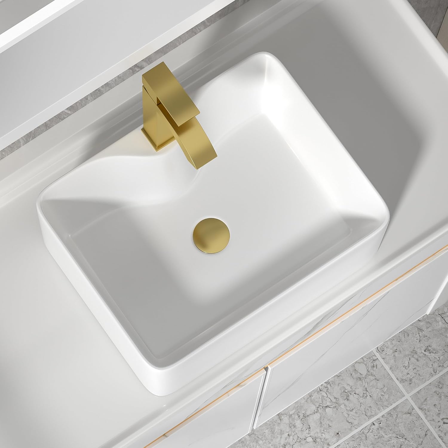 19"x15" Bathroom Vessel Sink Rectangular with Faucet Combo & Pop-Up Drain - White Porcelain Ceramic Rectangle Above Counter Vanity Lavatory Bath Sink Art Basin