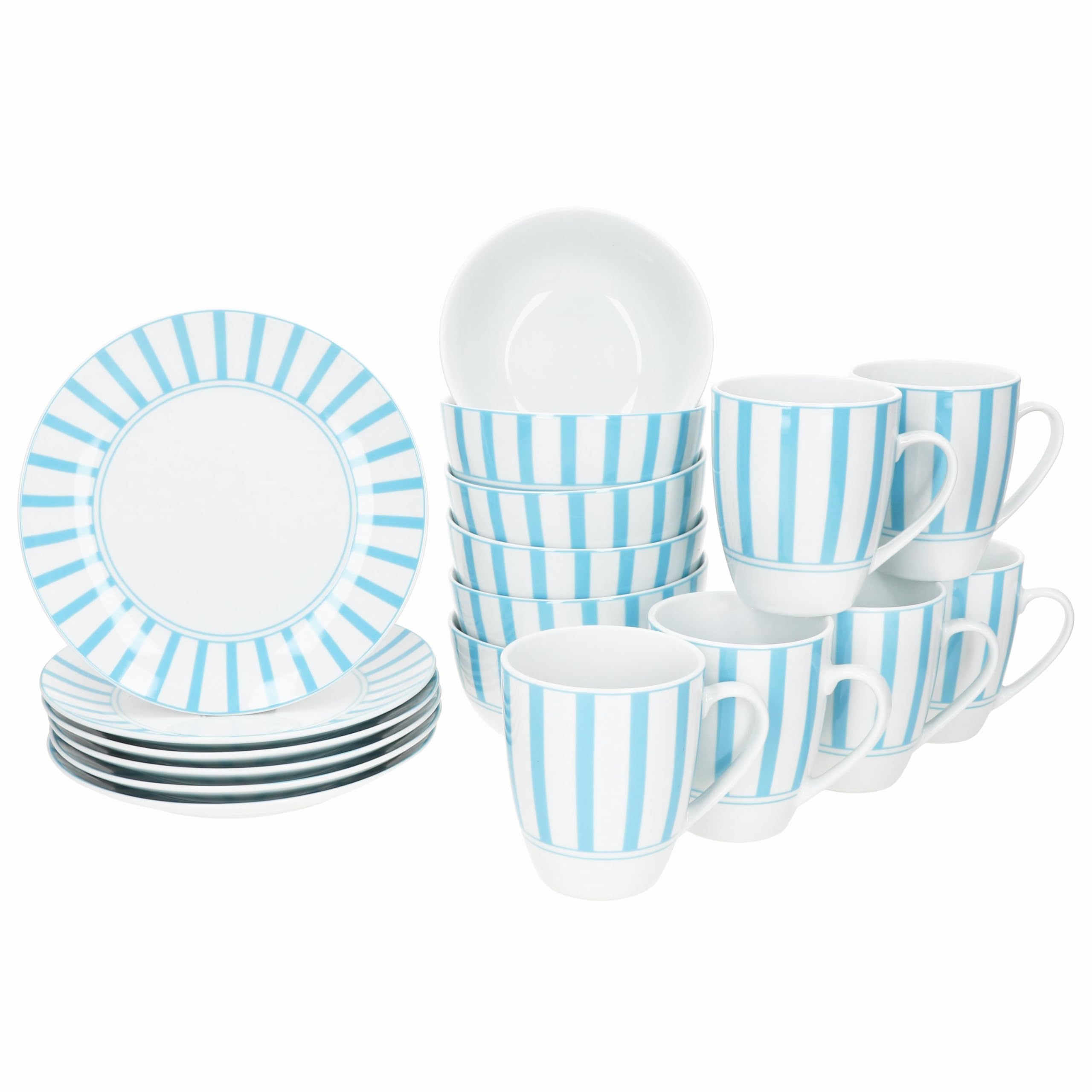 MamboCat Split turkusowy 18-częściowy zestaw śniadaniowy, 6 talerzy do ciasta, miseczek na musli 400 ml i kubki do kawy 300 ml z porcelany, dla 6 osób, dekoracja w paski w kolorze turkusowym