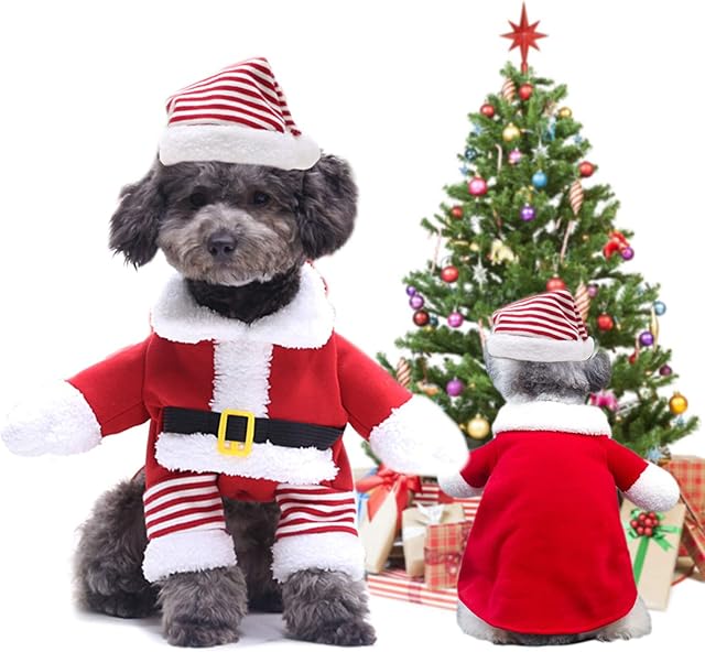Pet Christmas Costumes Dog Cat Suit with Cap, Cat Christmas Costume Santa Claus Suit Dog Hoodies Cat Xmas Costumes Party Suit Warm in Winter for Small Medium Dogs Cats (Xmas-Stripe, Stripe-M)