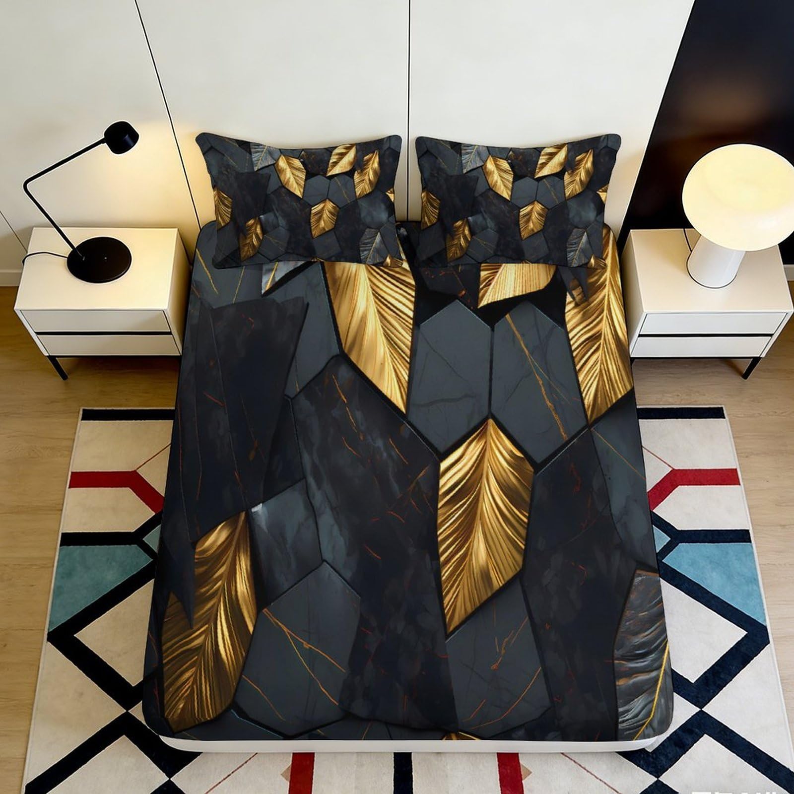 3D Printed Golden Leaves Fitted Sheet Microfiber Soft Breathable Black Marble Bed Cover for Bedroom Dormitory Guest Room Mattress Protection 120x200x25cm