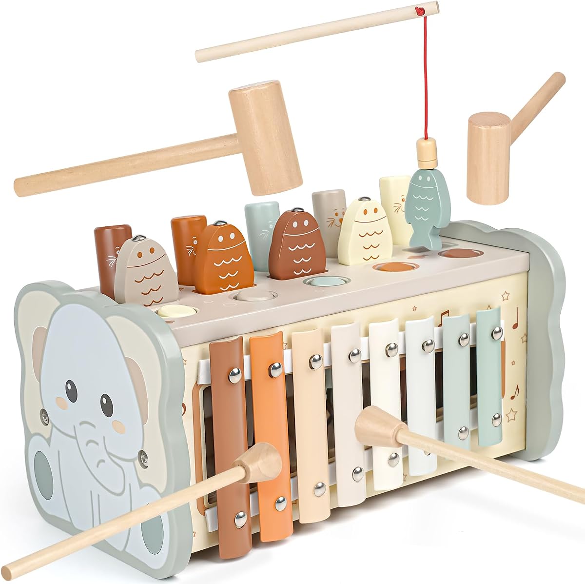 Joyreal Juguetes de madera Montessori para 1 año de edad, juguetes para martillar | Xilófono, juego de pesca, engranajes, actividades educativas para niños pequeños, regalos de cumpleaños de Navidad para niños de 1, 2 y 3 años, color neutro