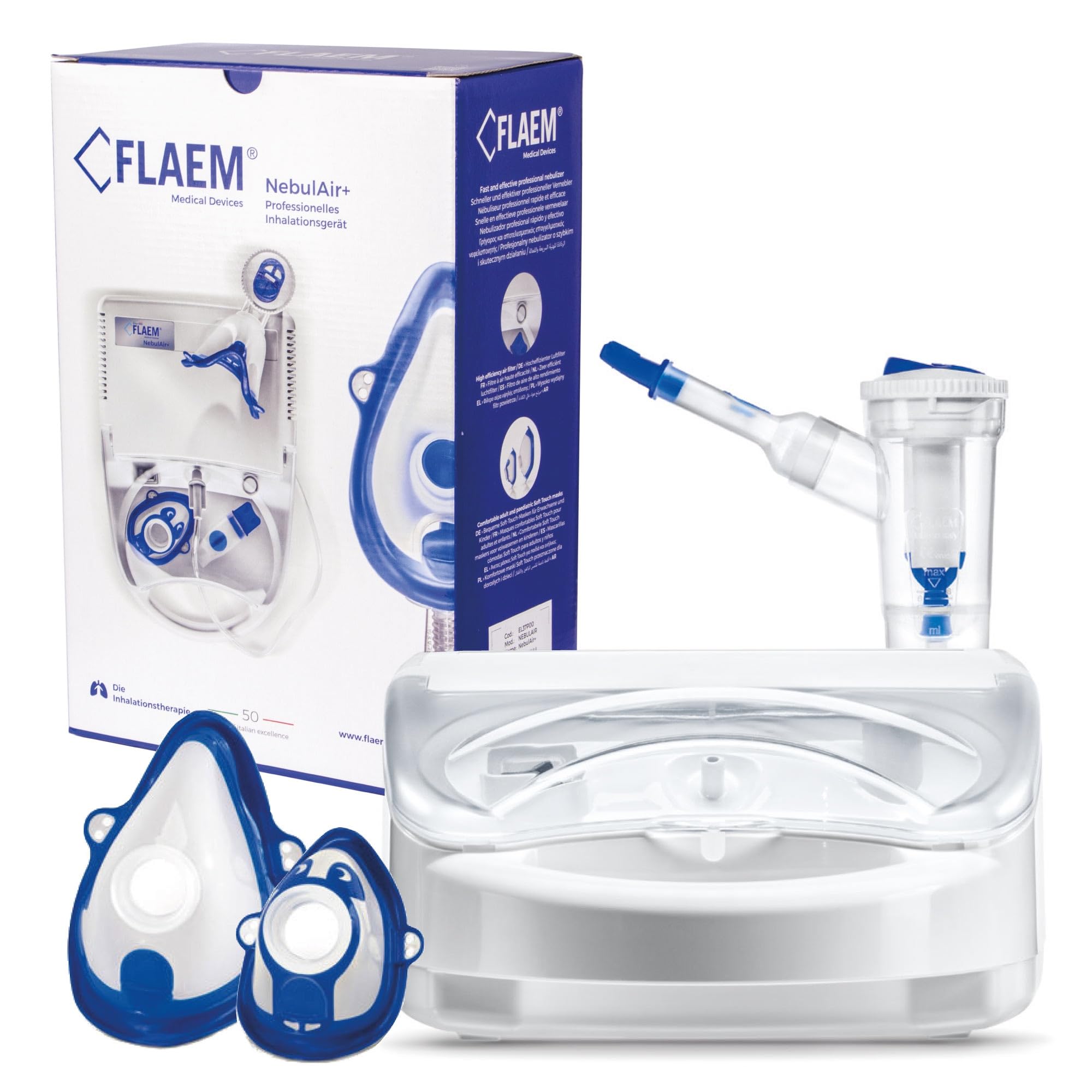 FLAEM Nebulair+ Pneumatik-Kolben-Inhalator, Professionell, Leise, Zwei Inhalationsgeschwindigkeiten, mit RF7 Dual Speed Plus Vernebler für Aerosol-Intensivtherapie