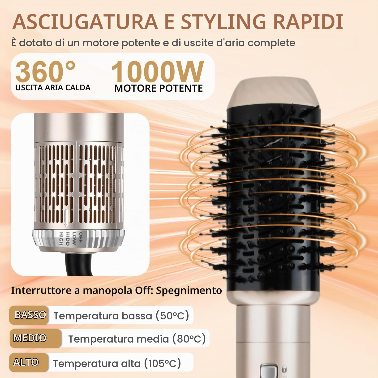 Air Styler 6 in 1,Spazzola Asciugacapelli Multifunzione,Ferro Arricciacapelli ad aria Calda,3 Temperature,Spazzola Ad Aria Calda,con 6 accessori,Accessori per Styling Liscio,Onde,Ricci