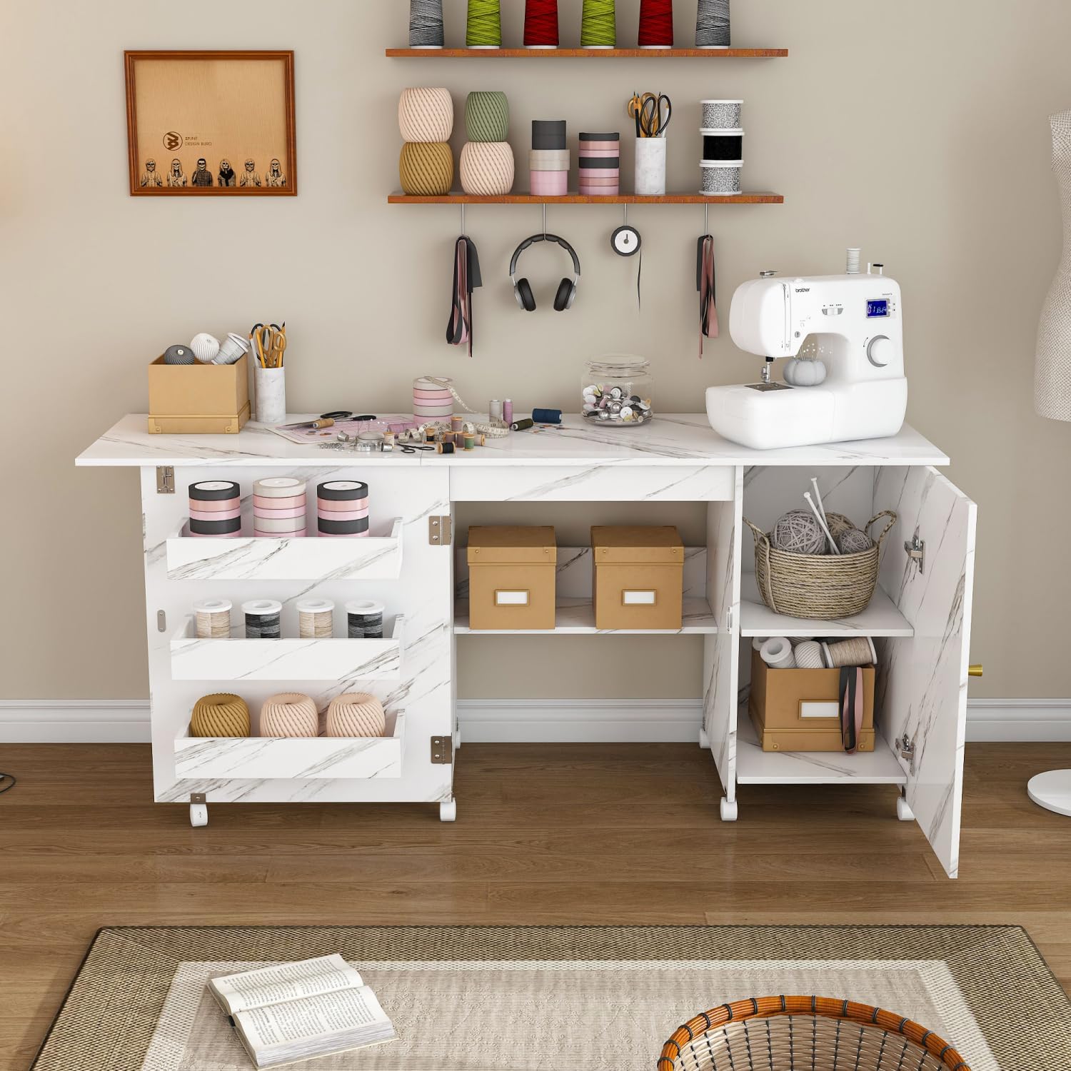 57.5" Foldable Sewing Machine Table with Locking Casters White & Space-Saving Design Home, Bedroom, Room Versatile Storage Solution