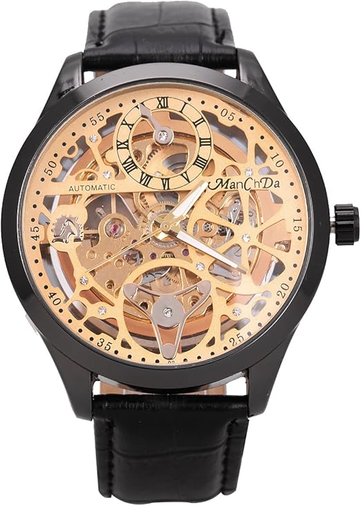 ManChDa Montre-Bracelet Mécanique Automatique de Mode Homme en Cuir PU Noir  avec Cadran Squelette Mouvement Doré : Amazon.fr: Montres