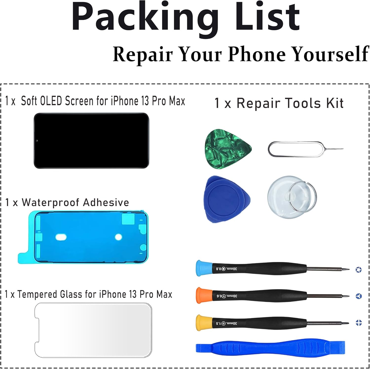 MP+ for iPhone 13 Pro Max Soft OLED Screen Replacement,[FHD][COF][Face ID] Touch Display Digitizer Assembly with Repair Tools Kit,Waterproof Tape