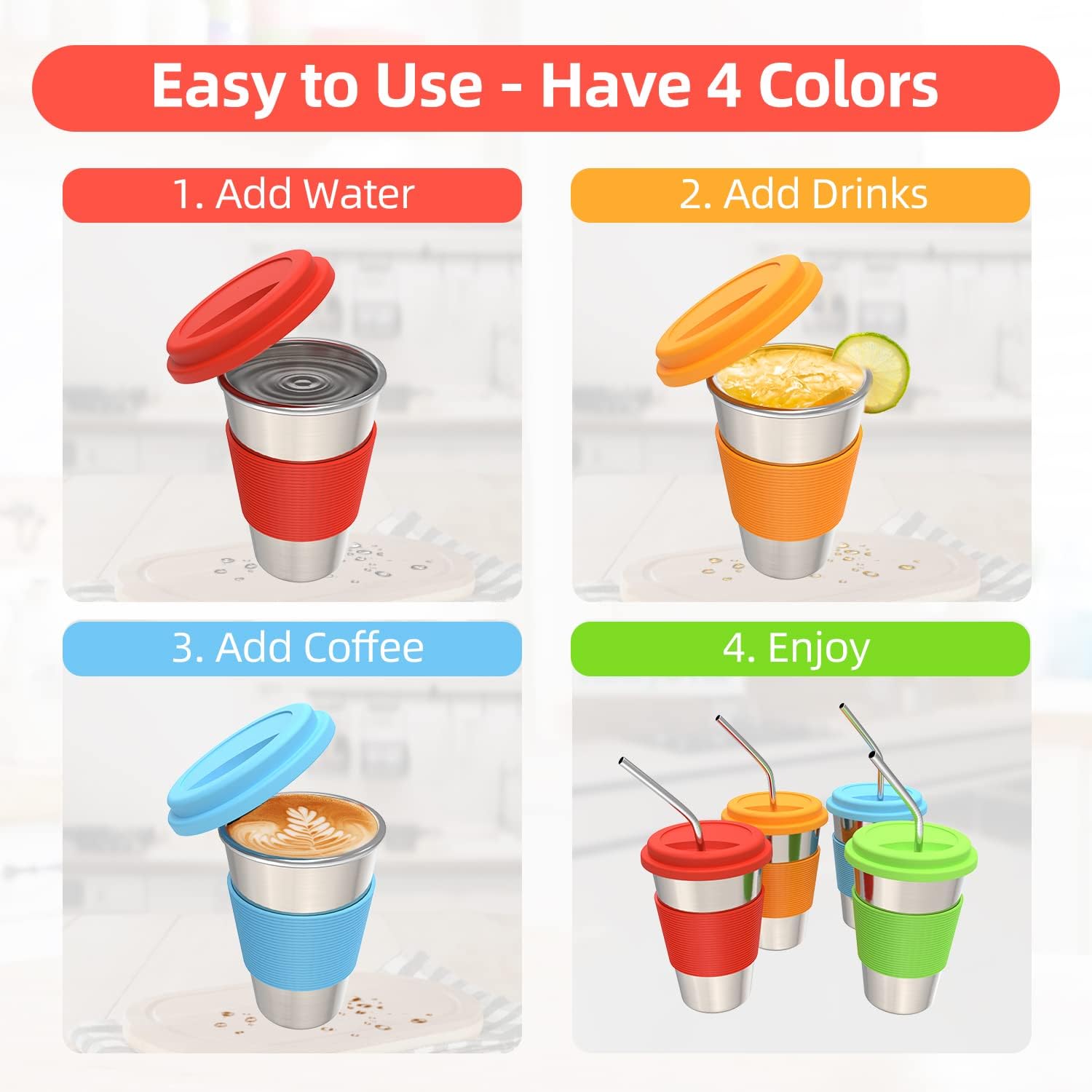 ARKTEK Kids Cups with Lids and Straws Stainless Cups with Silicone Lid, Kids Stainless Steel Cups, Drinking Tumblers with Straw Eco-Friendly for Adults, Children and Toddlers (4 Packs / 16Oz )