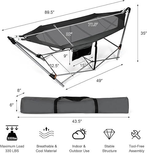 Miniatura 6 de Giantex Hamaca Plegable Portátil, Cama de Descanso para Acampar con Soporte para Hamaca, Hamacas para Interiores y Exteriores con Bolsillo Lateral,