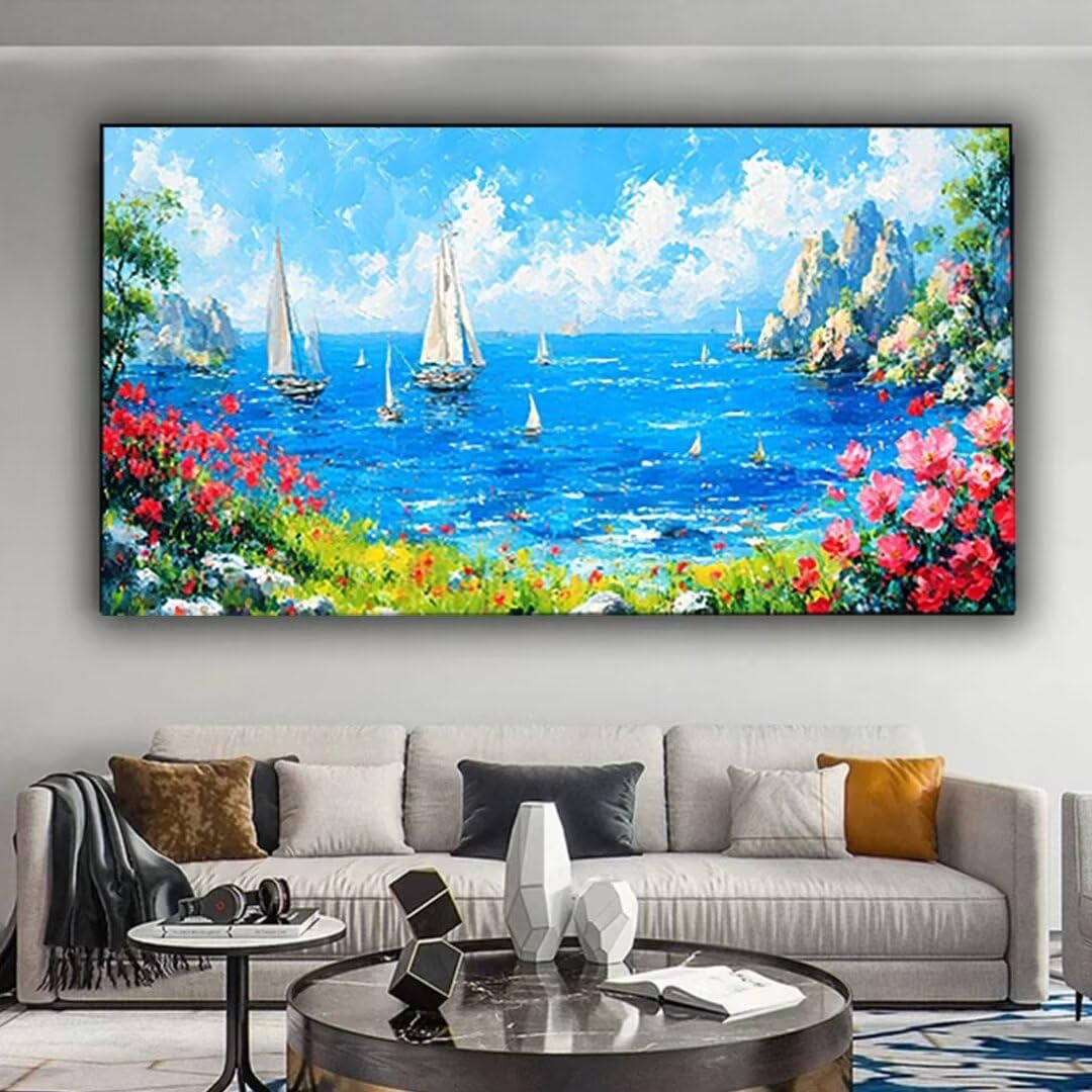 Wanziho Malen Nach Zahlen Erwachsene Meer Paint by Numbers, DIY Malen Nach Zahlen Blume, mit Pinseln und Acrylfarben Handgemalt Ölgemälde Leinwand für Home Decorr, Ohne Rahmen 60x120cm P-n