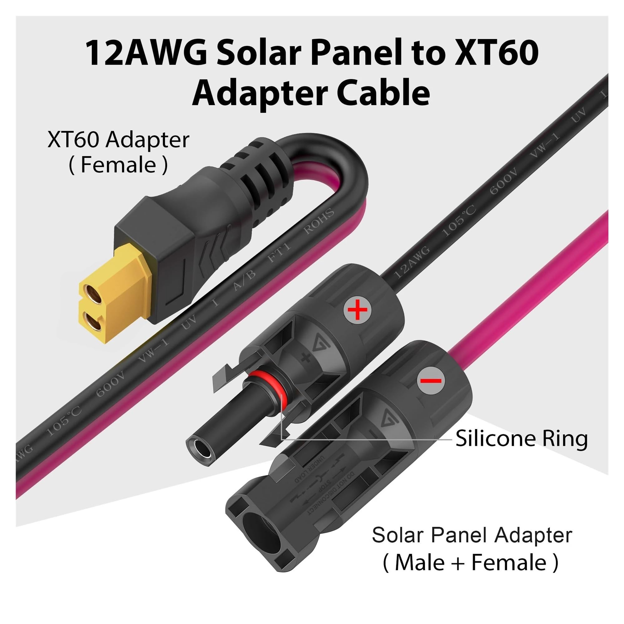 Wtyczka i gniazda z kablem, przedłużacz solarny do XT60, 12AWG 30A, wtyczka solarna do kabla adaptera XT60, odpowiedni do panelu słonecznego do przenośnej elektrowni (6 m)