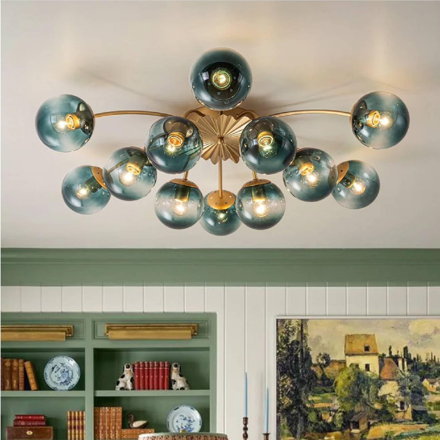 ​12-Light Sputnik Bubble Chandelier Light Fixture,40" Modern Semi-Flush Chandelier Light with Glass Globes, Bubble Lighting Fixture for Living Room, Dining Room, Entryway (Blue, 12-Lt)