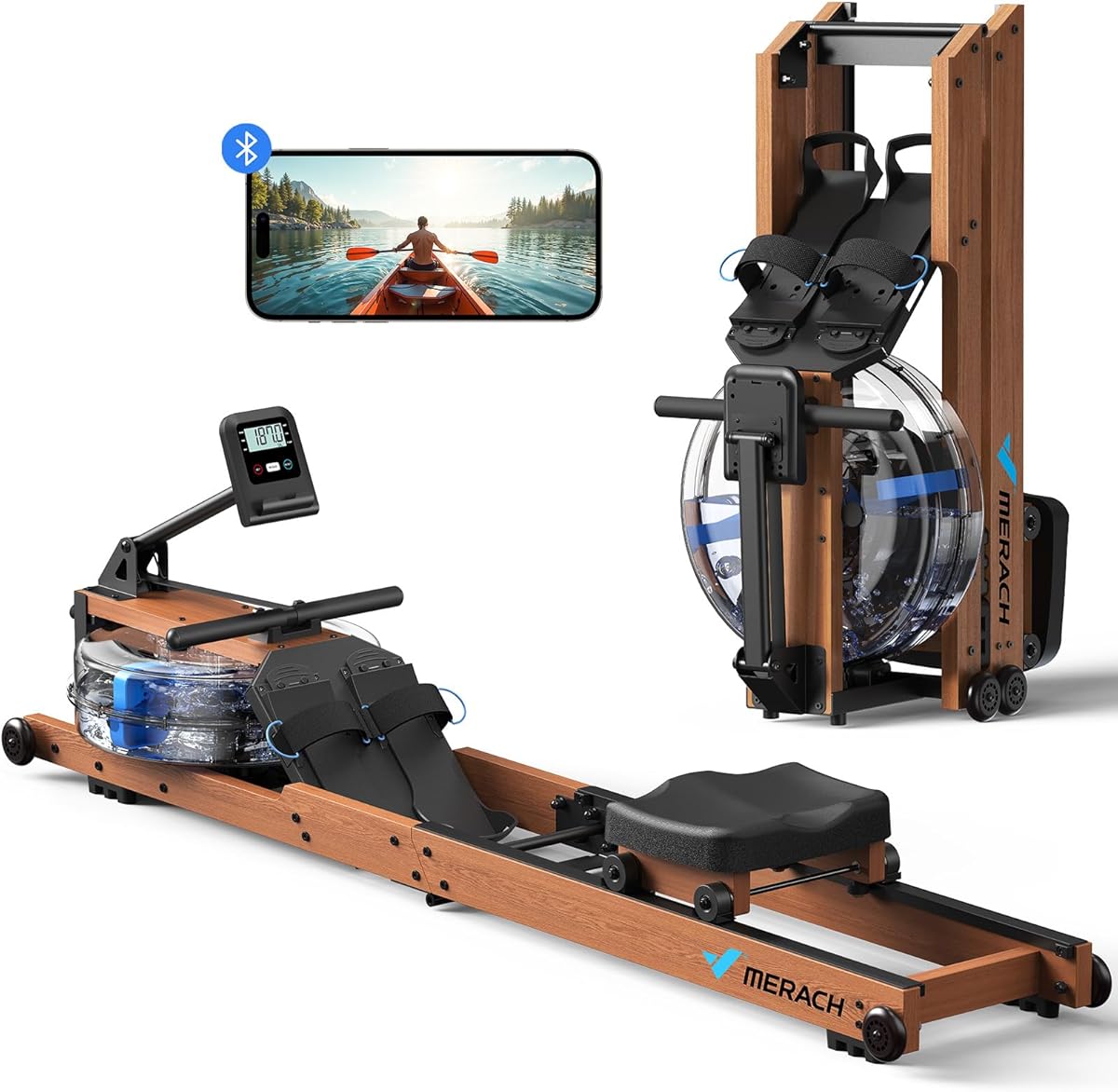 MERACH Water Rowing Machines for Home, Foldable Row Machine with 400LBS Weight Capacity, Dedicated Monitor and Comfortable Seat, Free MERACH App for Immersive Water Rower