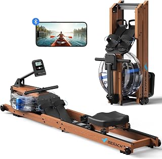 MERACH Foldable Water Rowing Machine for Home - 400lbs Capacity, Solid Wood, Bluetooth Monitor & MERACH App