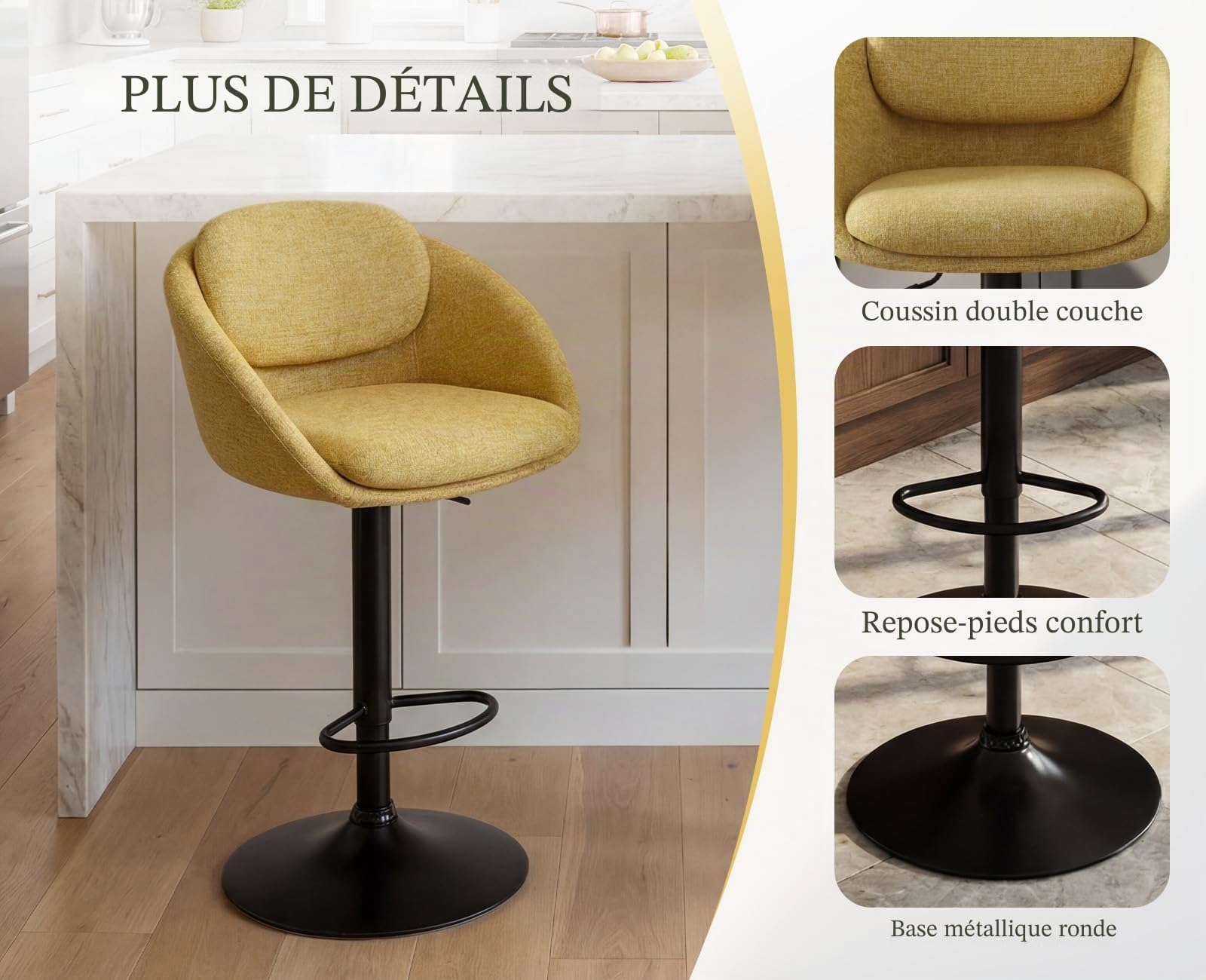 Ya-Home Tabouret de Bar Moderne Pivotant Lot de 2, Jaune | Chaises de Bar en Chenille, Chaise Haute Cuisine Réglable en Hauteur, Tabouret Haut avec Dossier Courbé