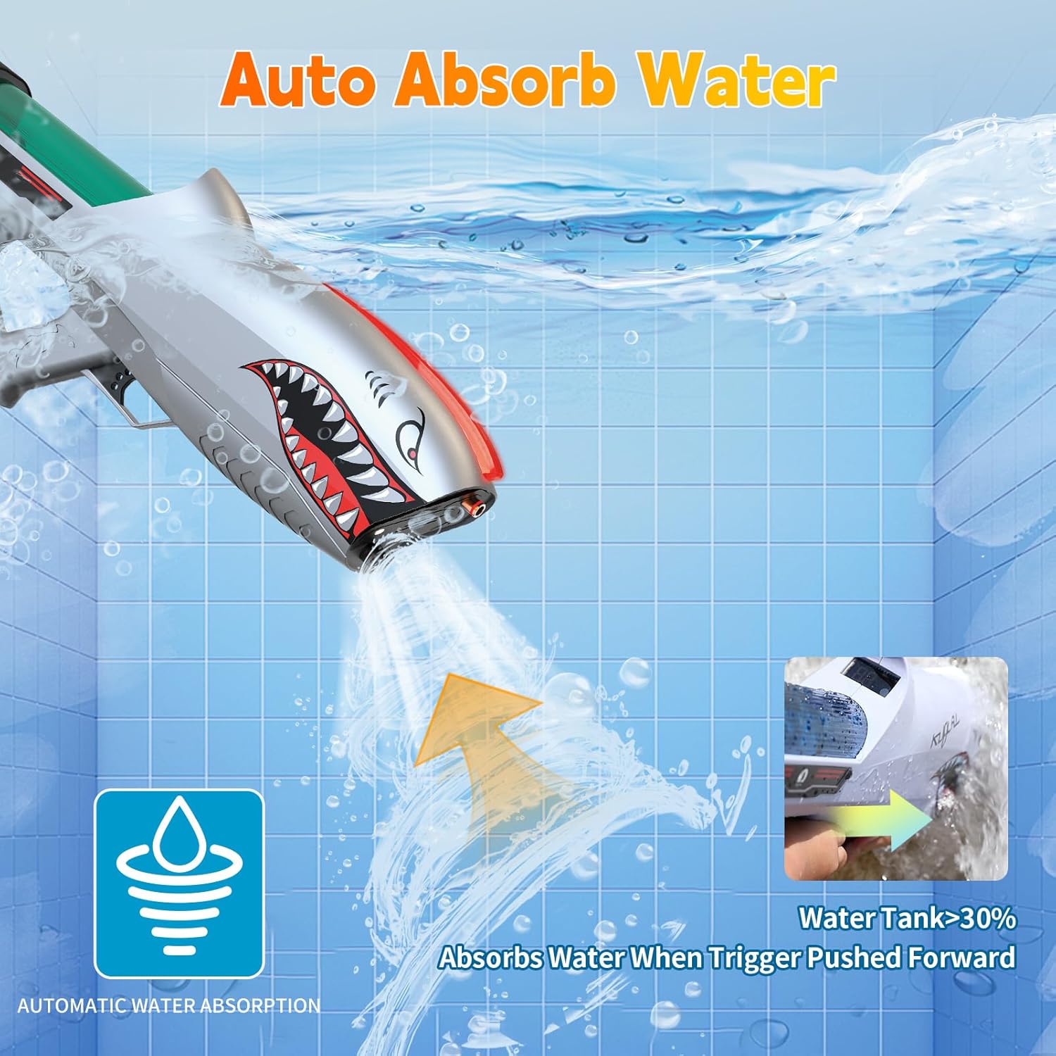 Electric Water Guns for Adults & Kids Water Blaster Squirt Guns Auto Suction, Over 800 Blasts Soaker Water Gun High Powered Up to 32.8 FT for Summer Beach Pool Backyard Outdoor Toys (Shark Silver)