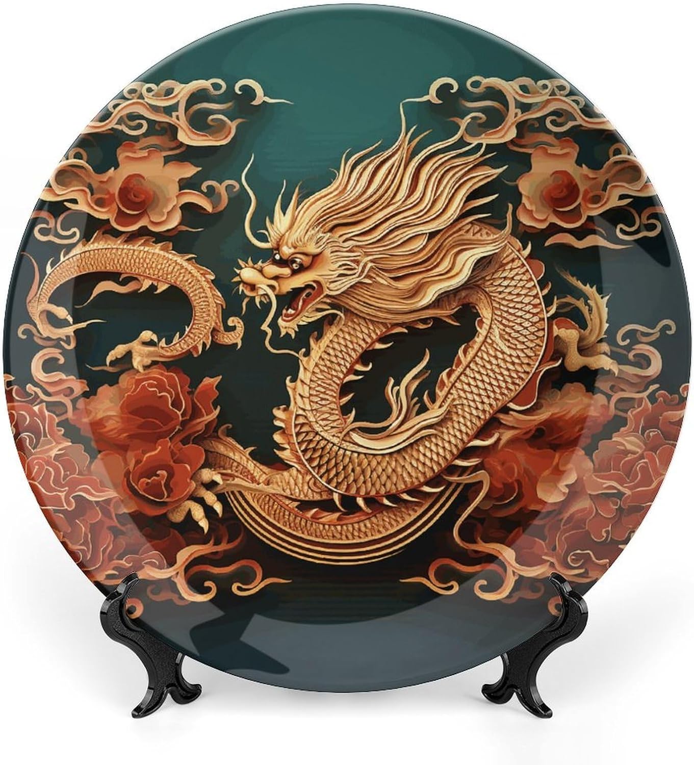 Dragon Chinese Background Bone China Decorative Plate with Display Stand, Ceramic Ornaments Plate for Wall Hanging, Personalized Porcelain Plates for Office, Living Room 8inch
