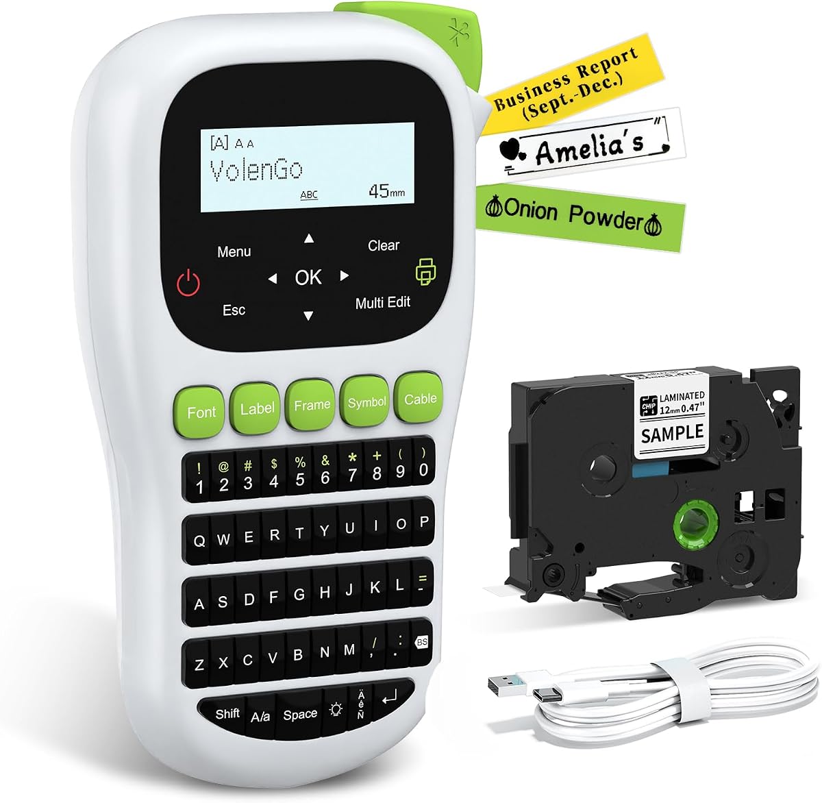 Máquina etiquetadora H1100 con cinta laminada de 12 mm, etiquetadora portátil | Etiquetas impermeables, retroiluminación, teclado Qwerty y fuentes múltiples, impresora de etiquetas portátil VolenGo para organización de oficina en casa