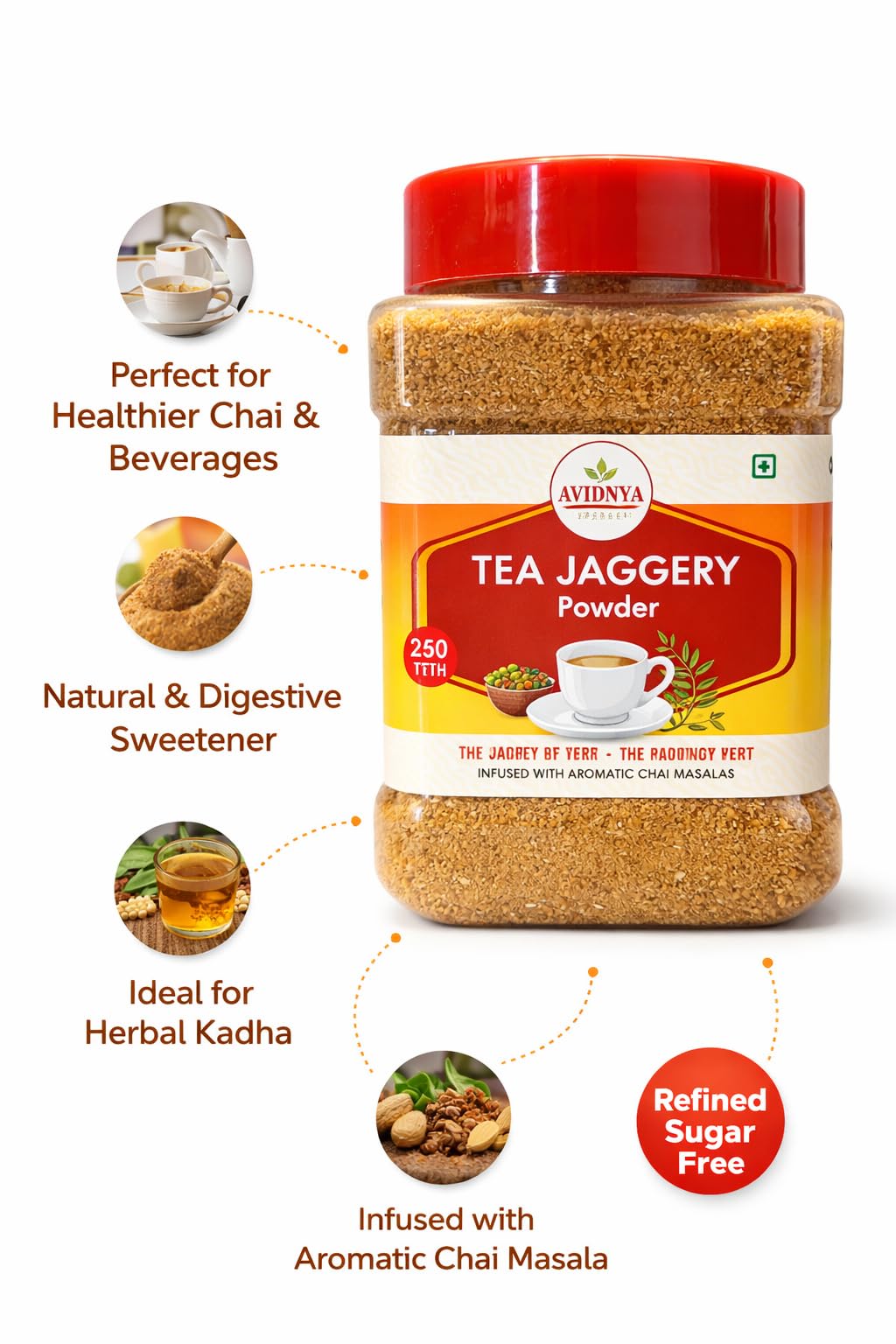 Avidnya Tea Jaggery Powder 250g | Natural Gur Powder Infused with Aromatic Chai Masala | Healthy Sugar Alternative for Tea & Beverages 1