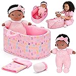 OUOZZZ 10 Black Soft Baby Doll Set with Plush Doll, Bassinet, Blanket and Bottle, Baby Doll Accessories Pretend Playset Doll for 2 Year Olds Girls Christmas Birthday Gift