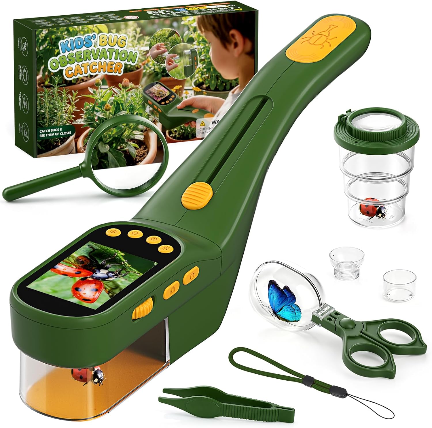 Kids Digital Bug Catcher, 2.4" IPS Screen 500X Magnification Microscope with Photo & Video Recording, 8 LED Lights, 1000mAh Rechargeable STEM Nature Exploration Toy for Boys Girls Ages 3+