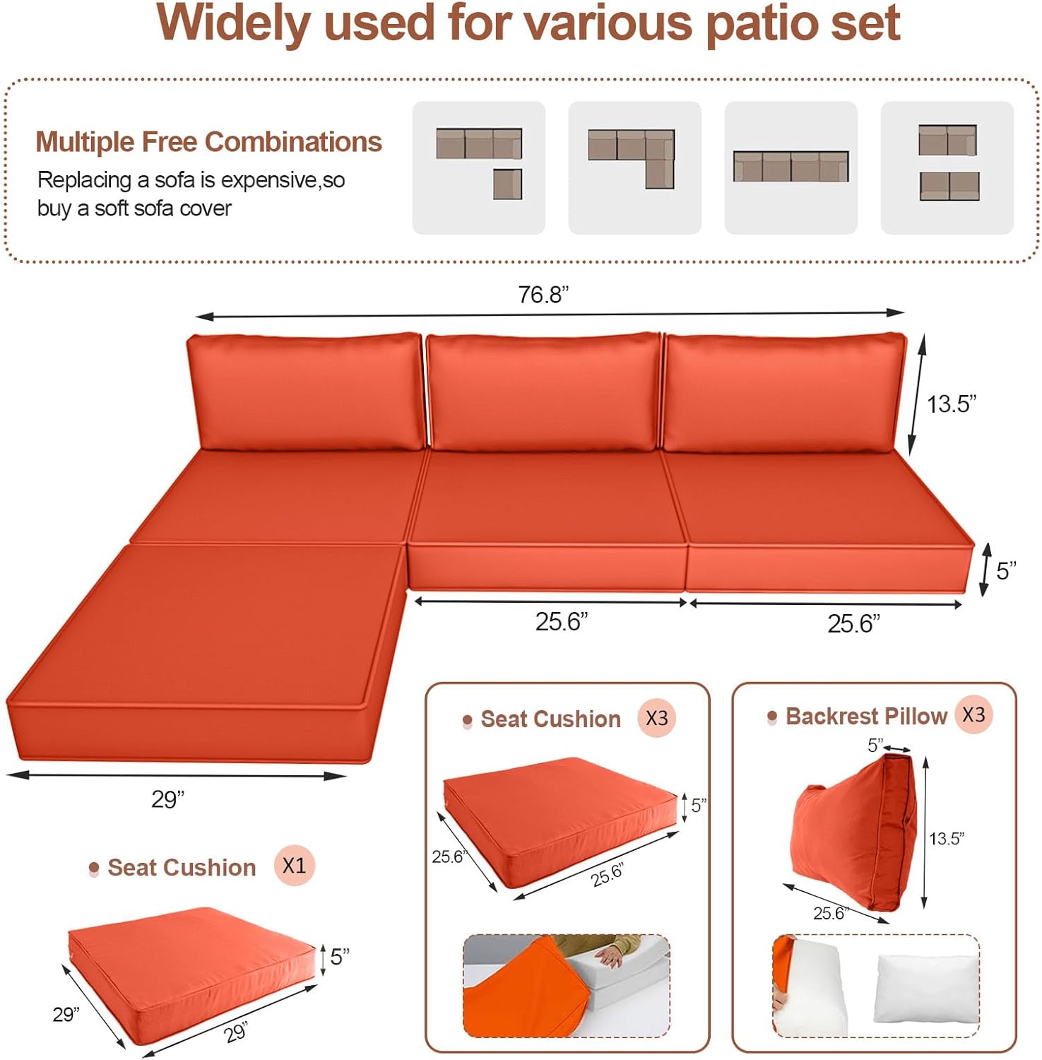 7 Pcs 5" Thick Outdoor Sectional Cushions Replacement Set for 5 Pieces 4 Seater Patio Couch, Fade Resistant Waterproof Pe Wicker Rattan Sofa Cushions for Outdoor Furniture, Orange