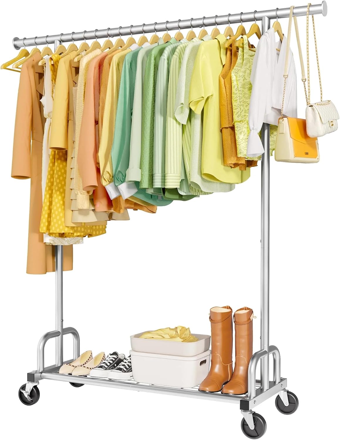 Metal Rolling Clothes Rack with Mesh Shelf, Large Capacity Garment Organizer with Lockable Wheels, 45.6" x 16.9" x 61.7", Silver