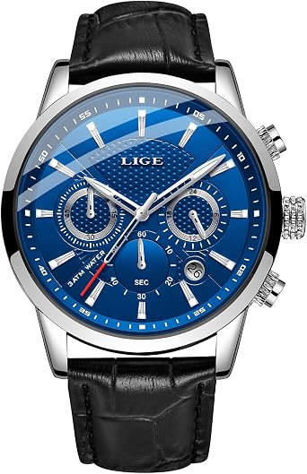 LIGE Mens Watches Leather Wrist Watch for Men Analog Dress Gents Chronograph Vintage Waterproof Men's Analogue Work Casual Luminous 3ATM Business Classic Quartz with Date Display