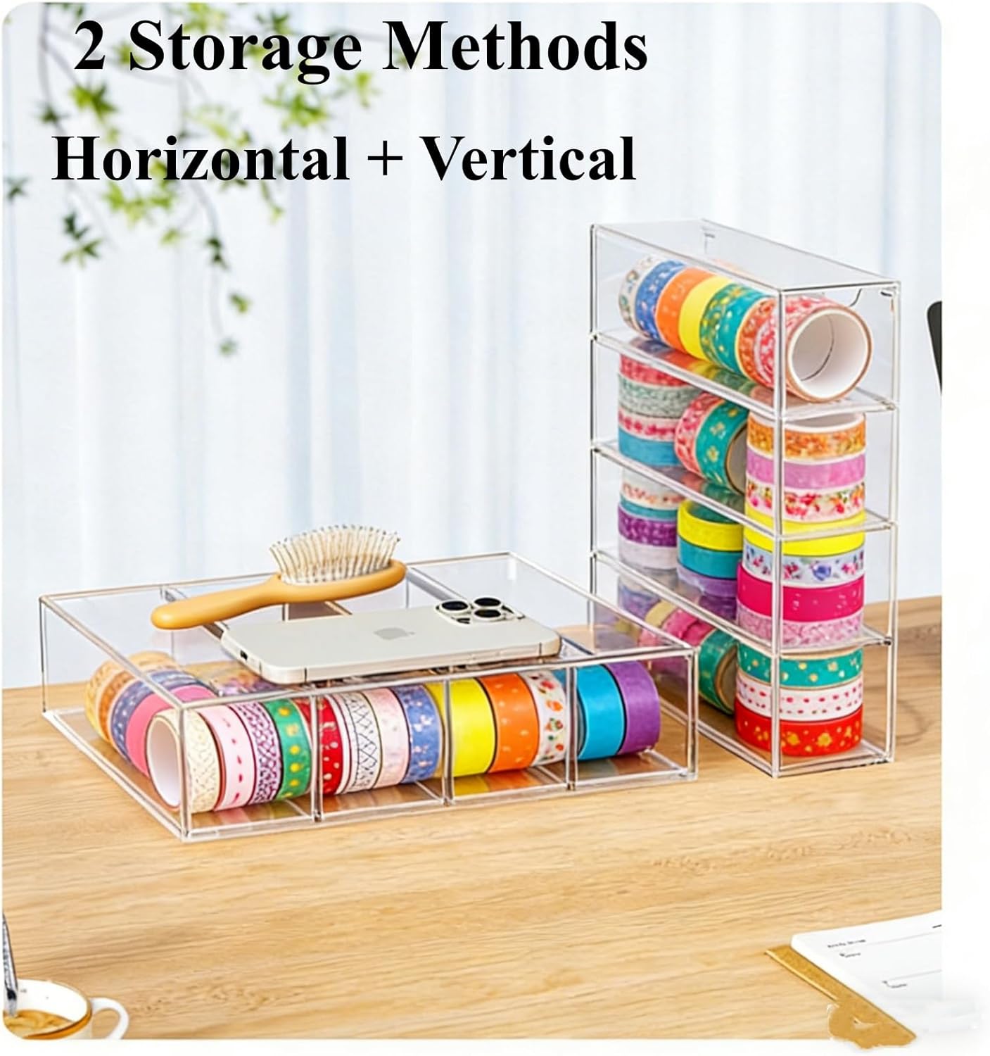 Acrylic Washi Tape Organizer Stackable, 3 Pack Clear Washi Tape Storage Holder with 4 Drawer Slots, Transparent Desktop Organizer for Craft Supplies, Masking Tape, Ribbon, Stickers